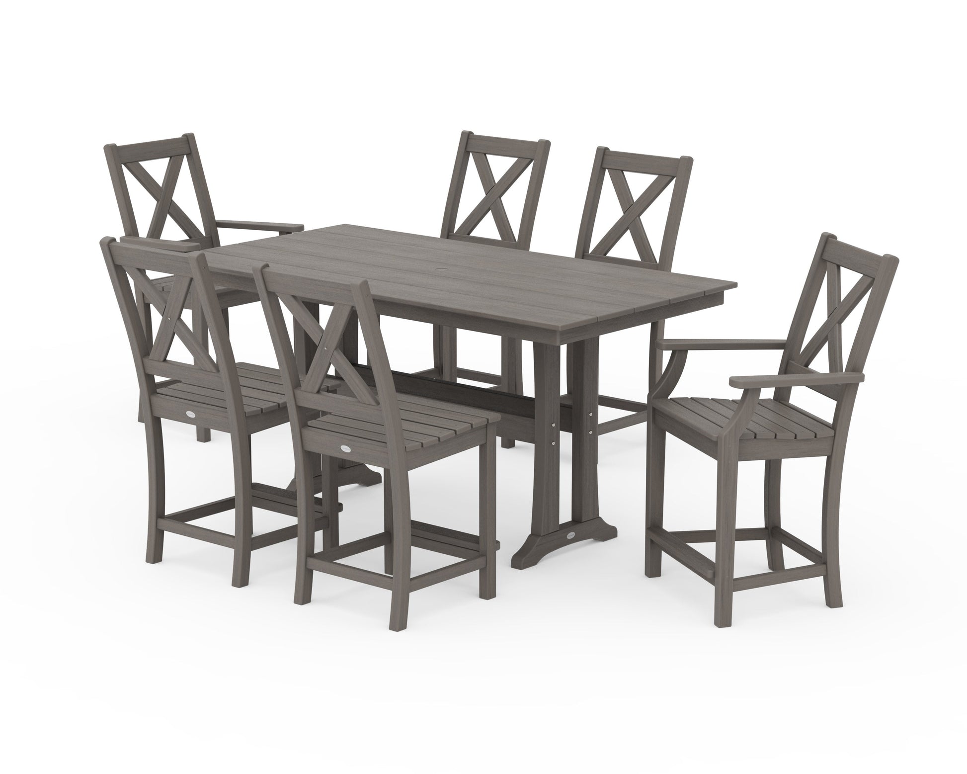 POLYWOOD Braxton 7-Piece Farmhouse Trestle Counter Set — Driftwood