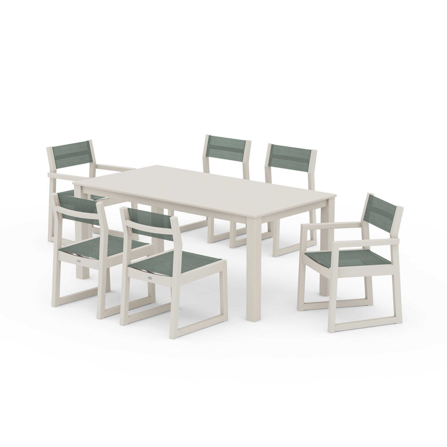 POLYWOOD EDGE Sling 7-Piece Parsons Dining Set — Sand / Dupioni Sea Mist Sling