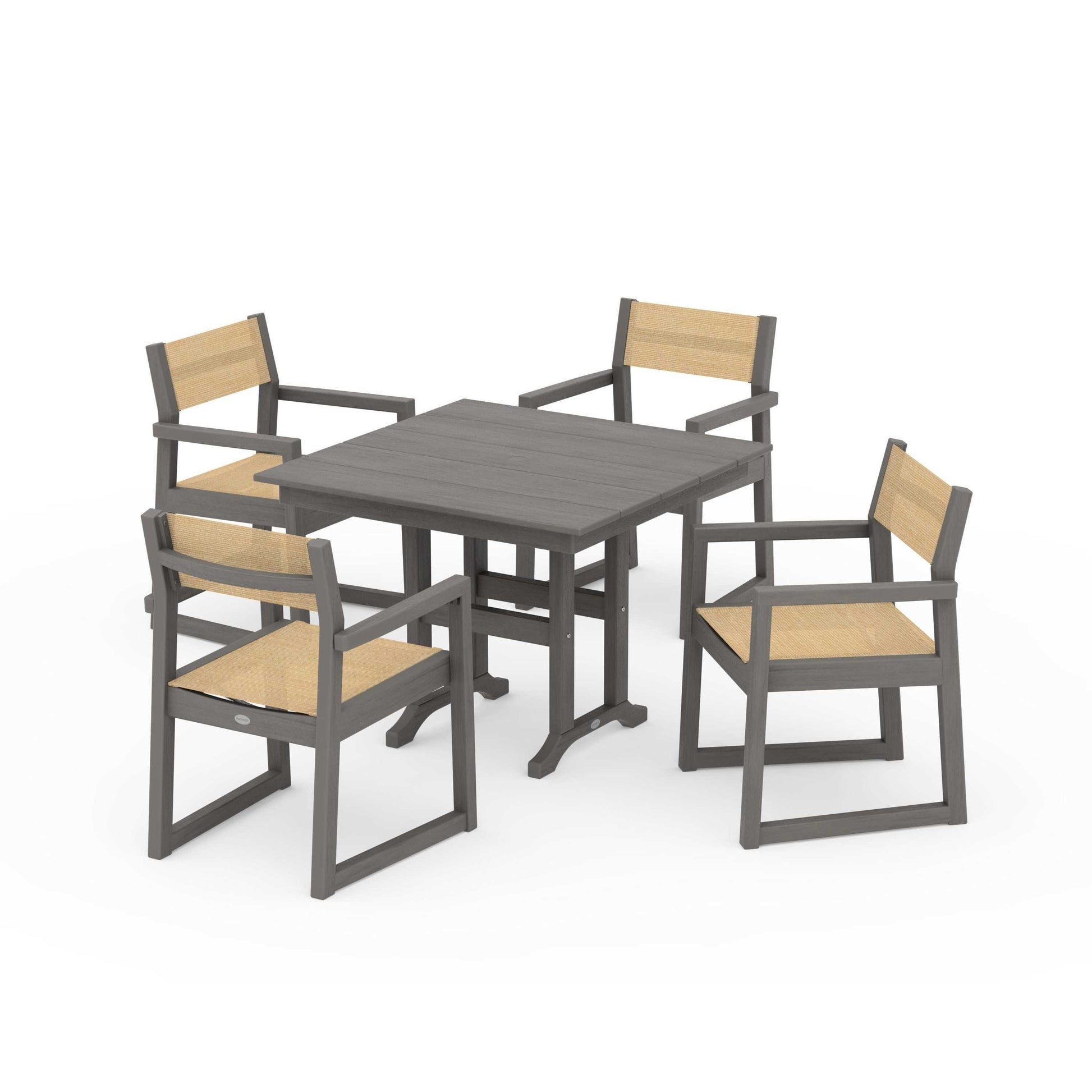POLYWOOD EDGE Sling Arm Chair 5-Piece Farmhouse Dining Set — Driftwood / Dupioni Apricot Sling