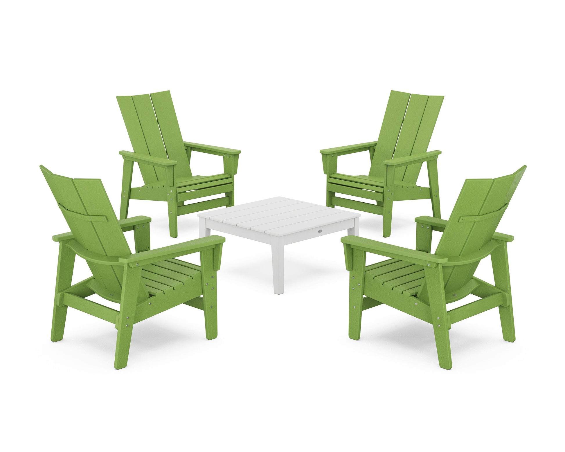 POLYWOOD 5-Piece Modern Grand Upright Adirondack Chair Conversation Group — Lime / White