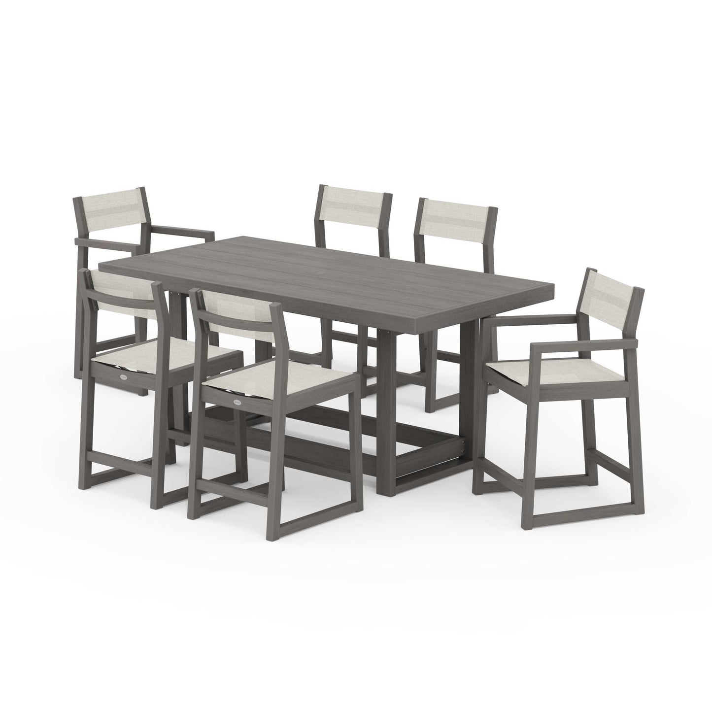 POLYWOOD EDGE Sling 7-Piece Counter Table Set — Driftwood / Parchment Sling