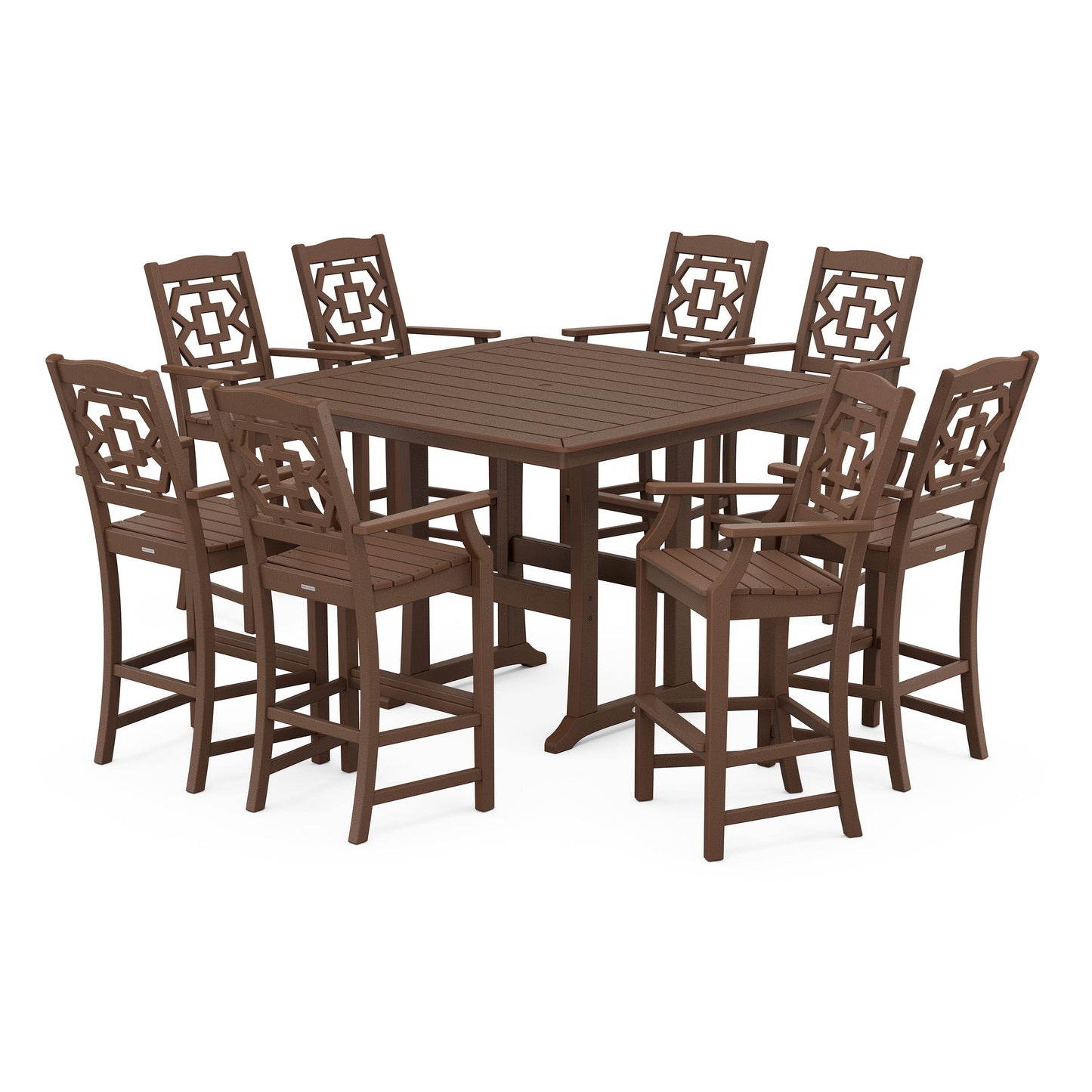 POLYWOOD Chinoiserie 9-Piece Square Bar Set with Trestle Legs — Mahogany