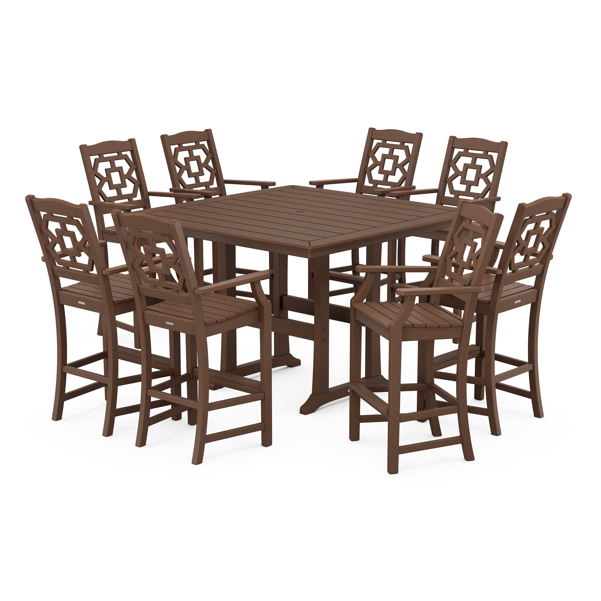 POLYWOOD Chinoiserie 9-Piece Square Bar Set with Trestle Legs — Mahogany