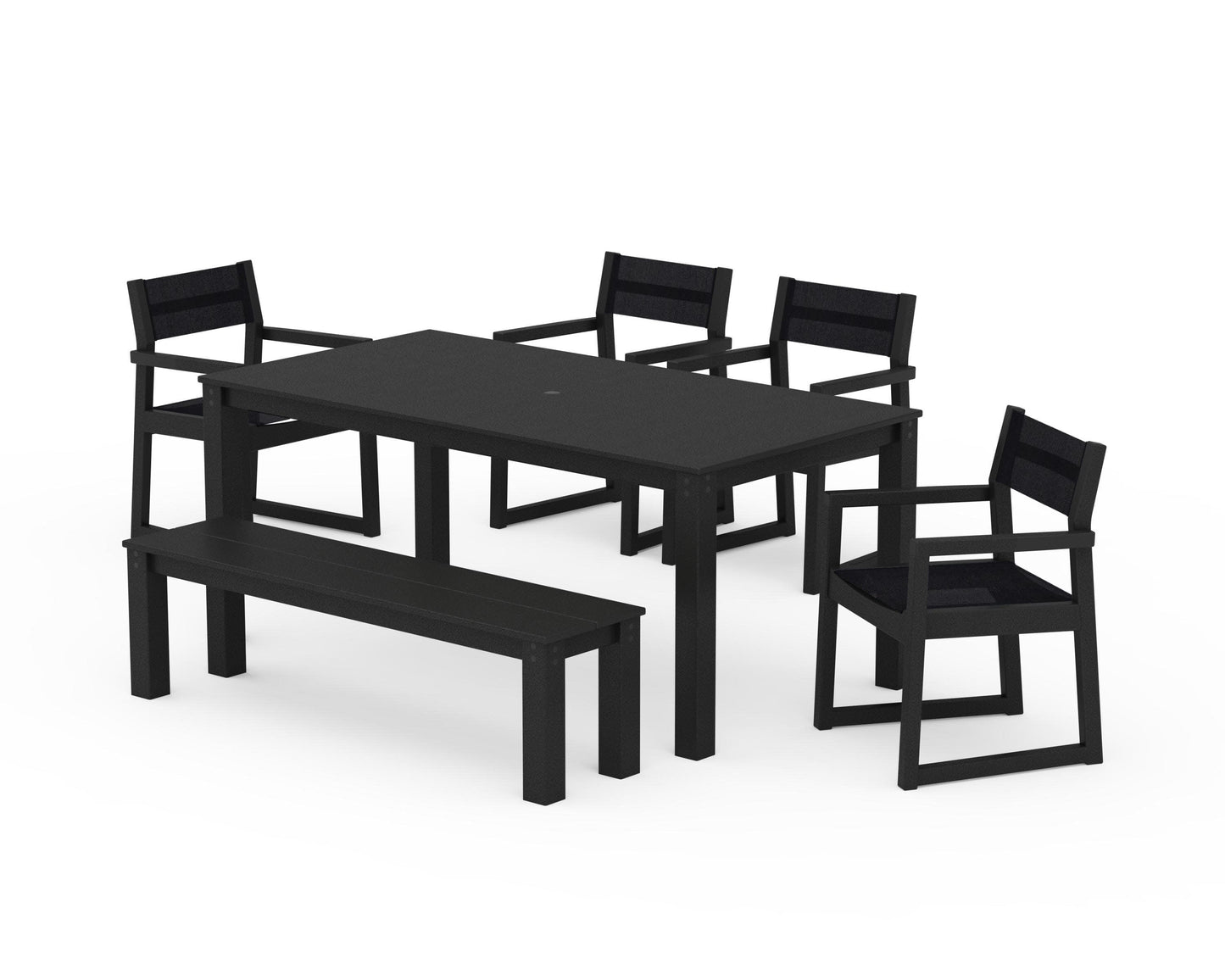 POLYWOOD EDGE Sling Arm Chair 6-Piece Parsons Dining Set with Bench — Black / Black Sling