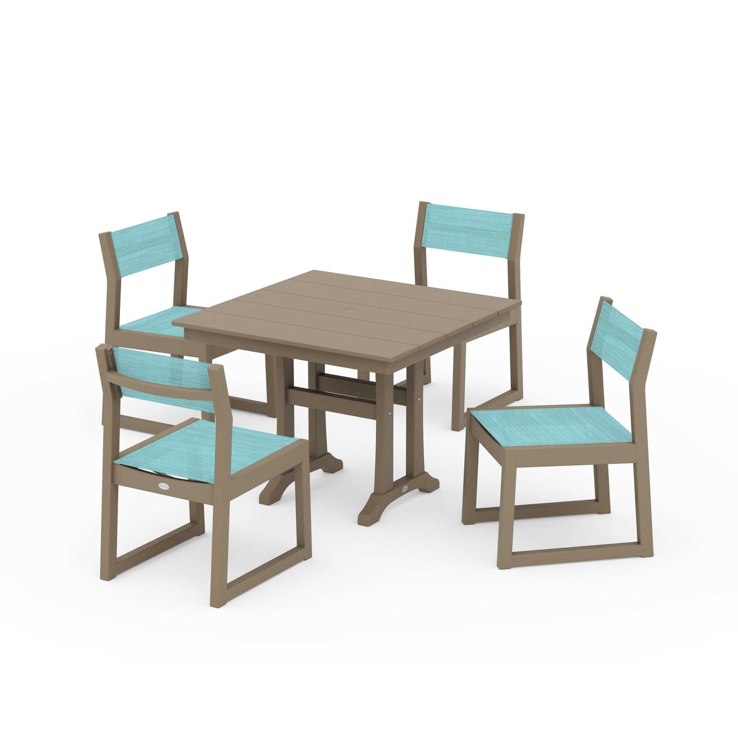 POLYWOOD EDGE Sling 5-Piece Farmhouse Trestle Side Chair Dining Set — Vintage Sahara / Dupioni Aquamarine Sling