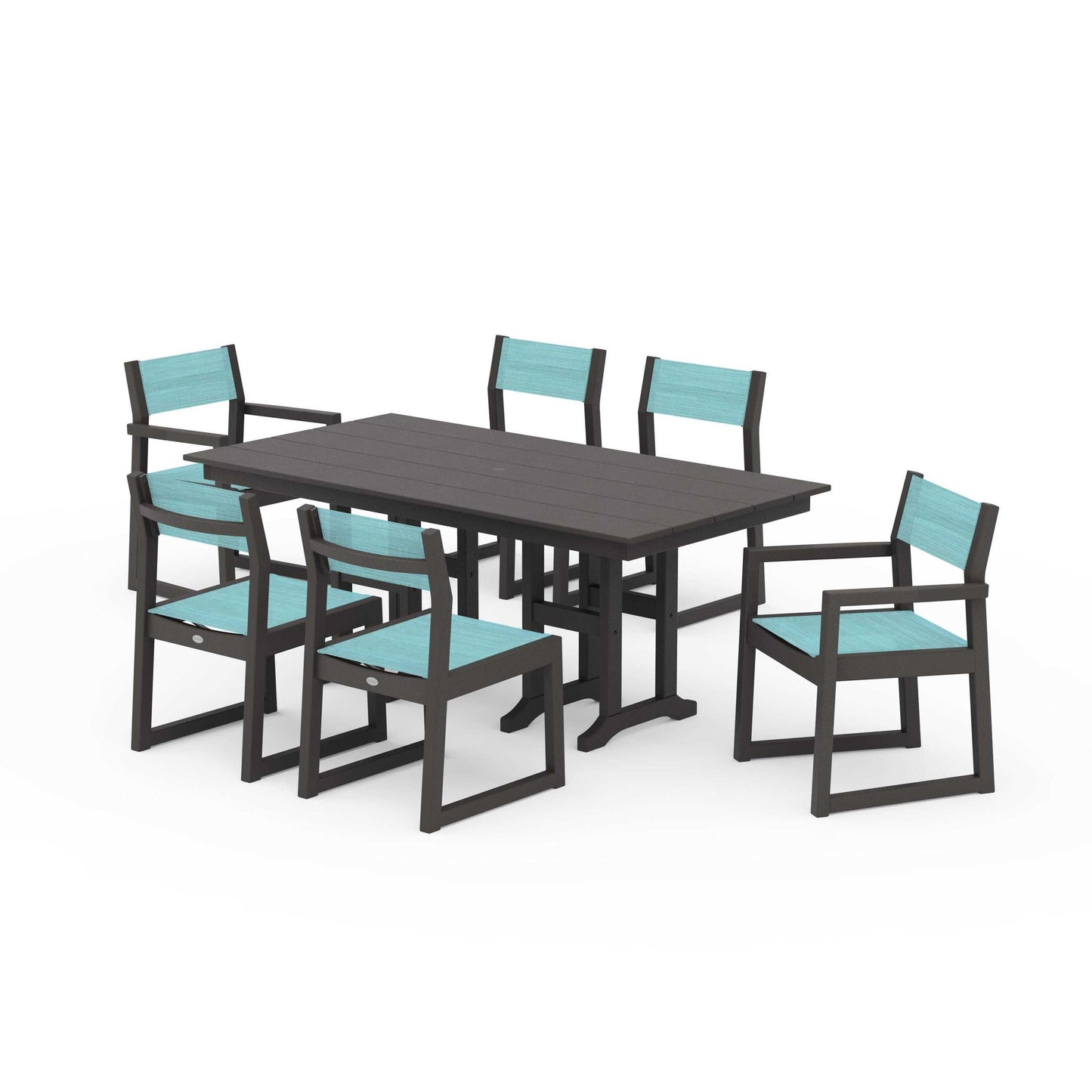 POLYWOOD EDGE Sling 7-Piece Farmhouse Dining Set — Vintage Coffee / Dupioni Aquamarine Sling