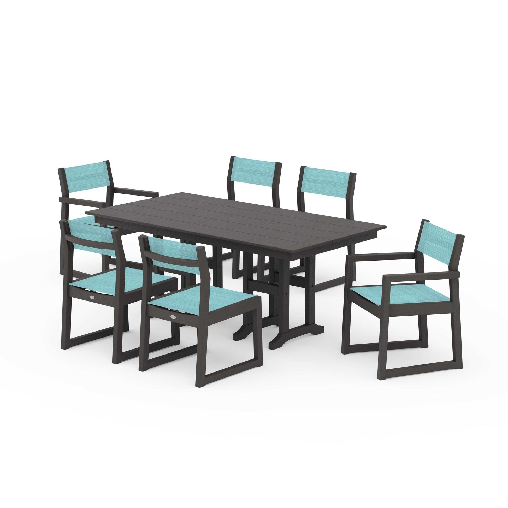 POLYWOOD EDGE Sling 7-Piece Farmhouse Dining Set — Vintage Coffee / Dupioni Aquamarine Sling