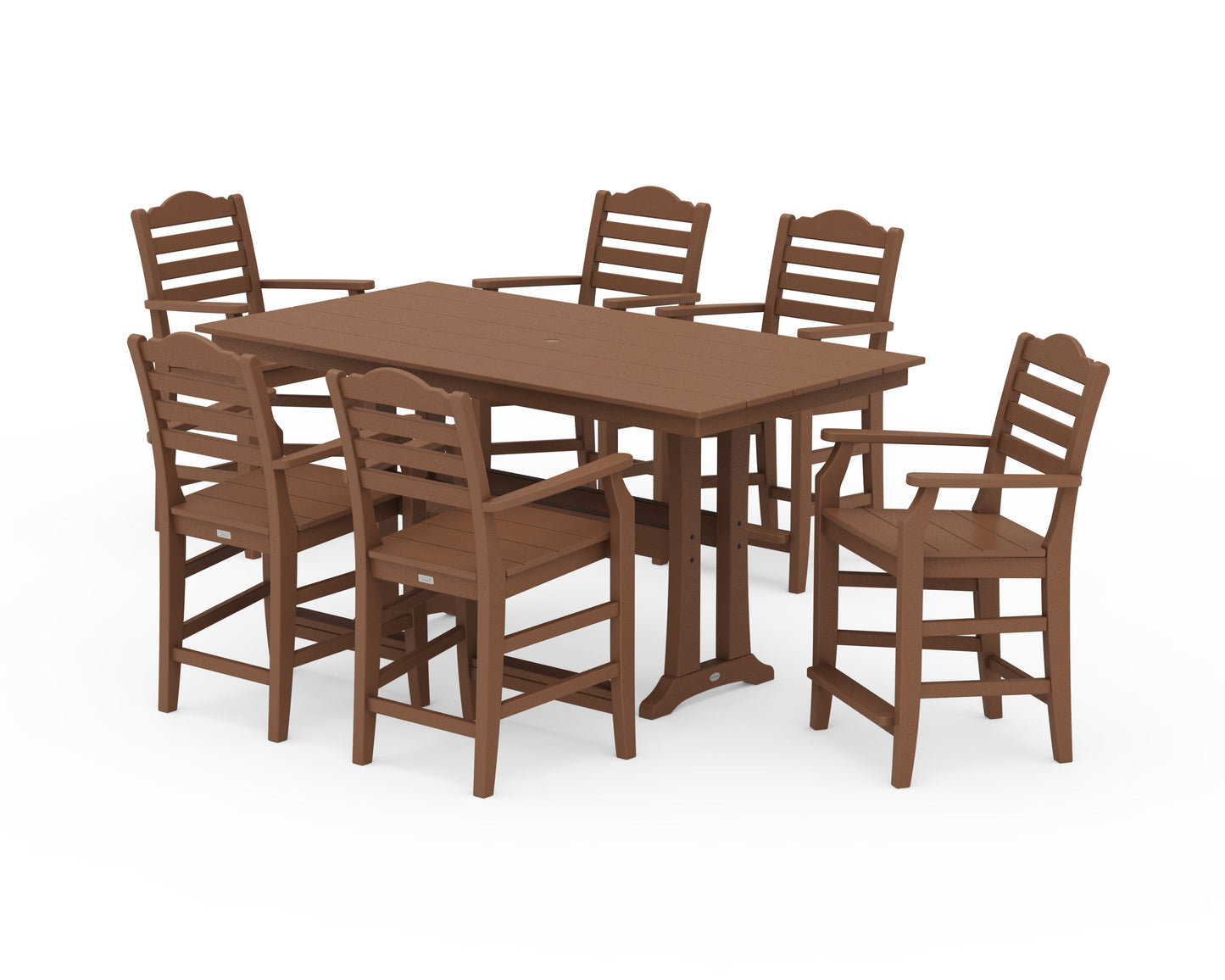 POLYWOOD Savannah Arm Chair 7-Piece Farmhouse Counter Set with Trestle Legs — Teak