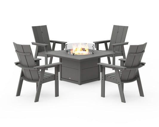 POLYWOOD Modern 4-Piece Curveback Upright Adirondack Conversation Set with Fire Pit Table — Slate Grey