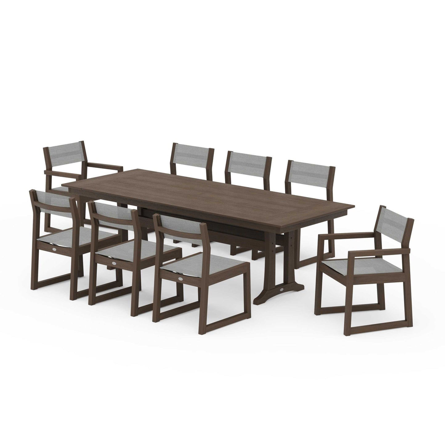 POLYWOOD EDGE Sling 9-Piece Farmhouse Trestle Dining Set — Kona / Metallic Sling