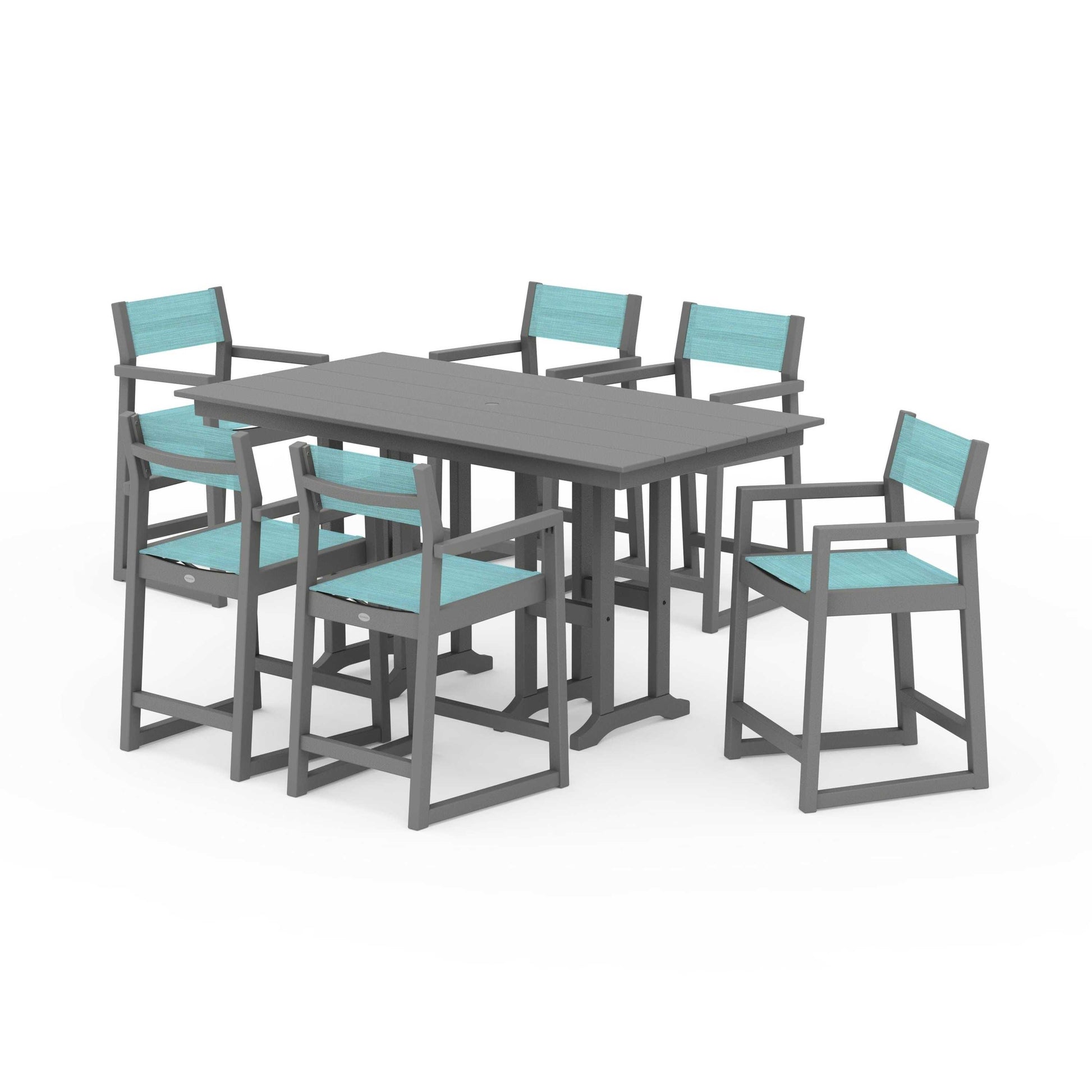 POLYWOOD EDGE Sling Arm Chair 7-Piece Farmhouse Counter Set — Slate Grey / Dupioni Aquamarine Sling