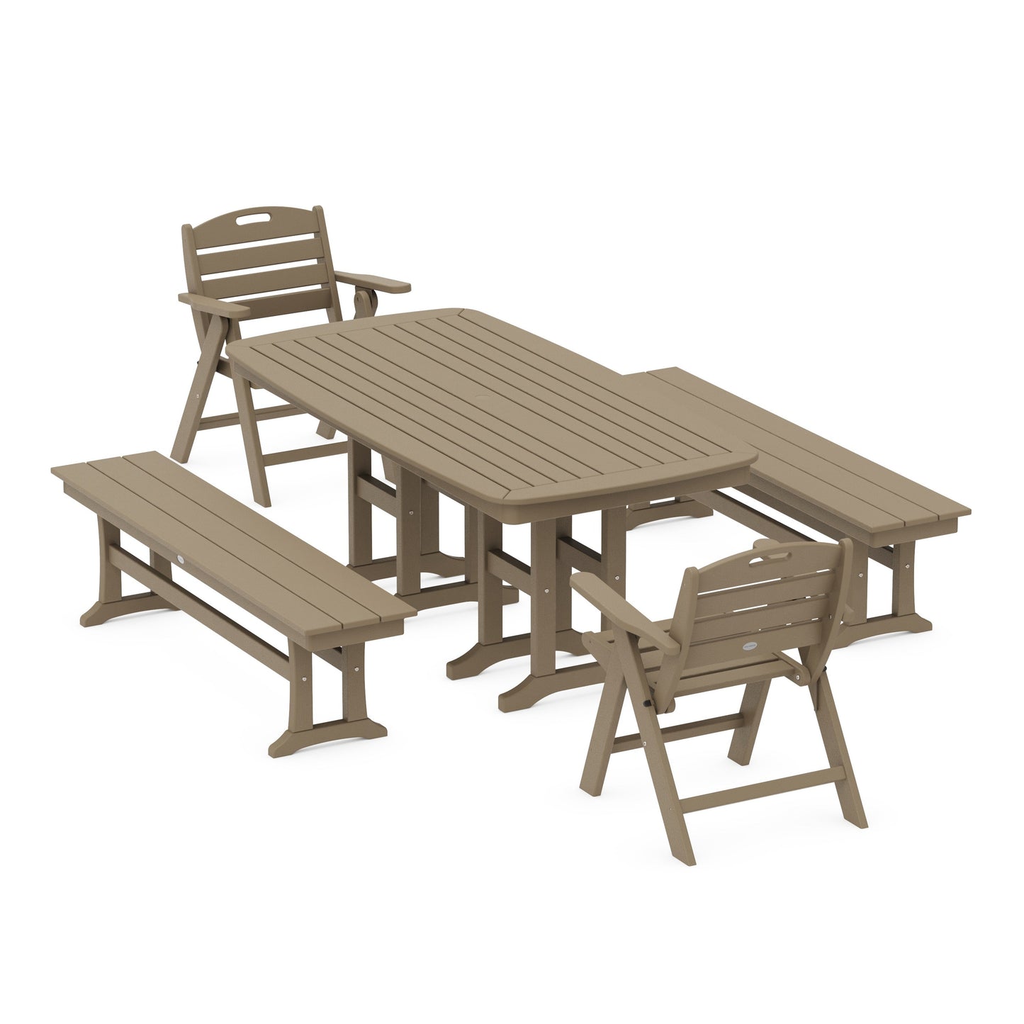 POLYWOOD Nautical Lowback 5-Piece Dining Set with Benches — Vintage Sahara