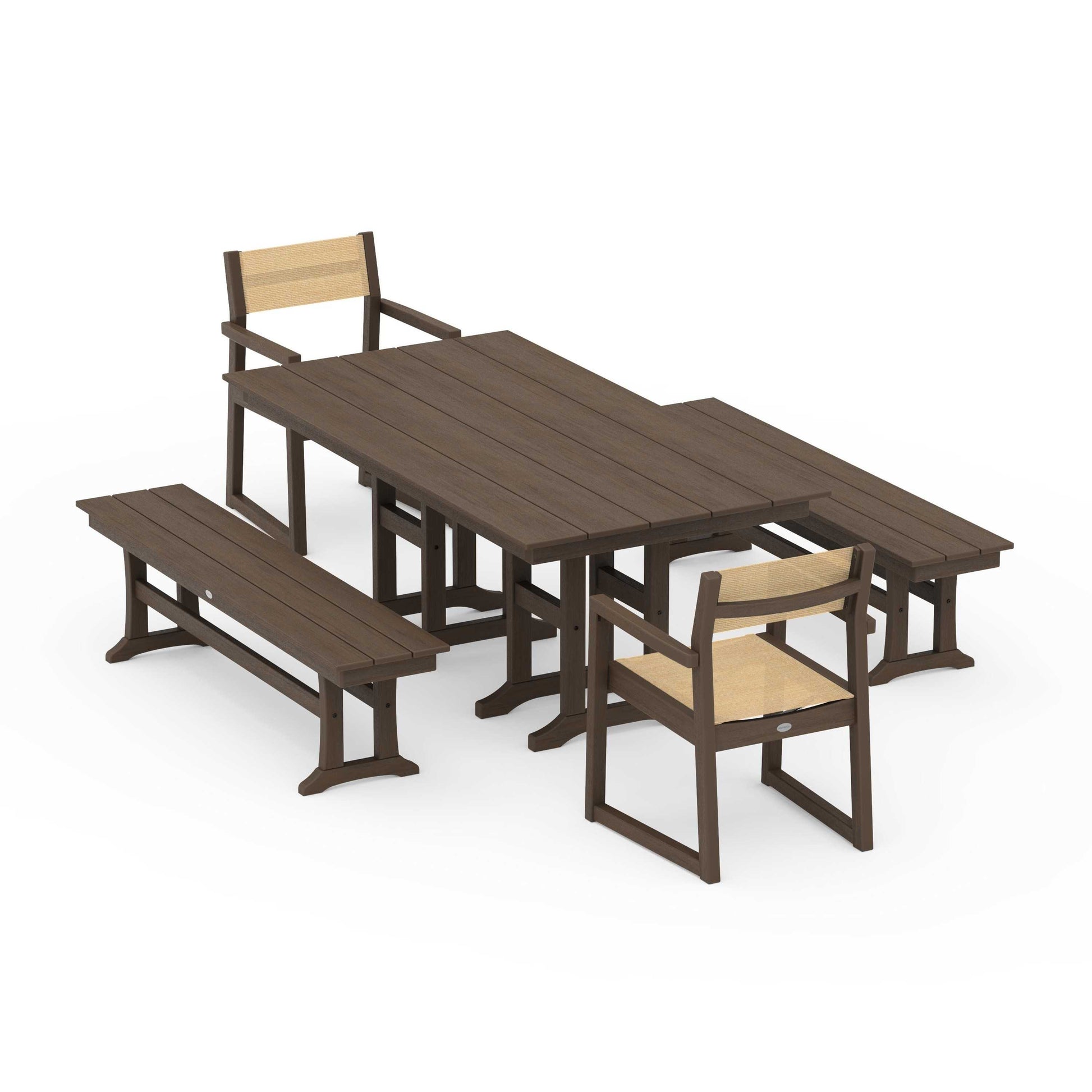 POLYWOOD EDGE Sling Arm Chair 5-Piece Farmhouse Dining Set with Benches — Kona / Dupioni Apricot Sling