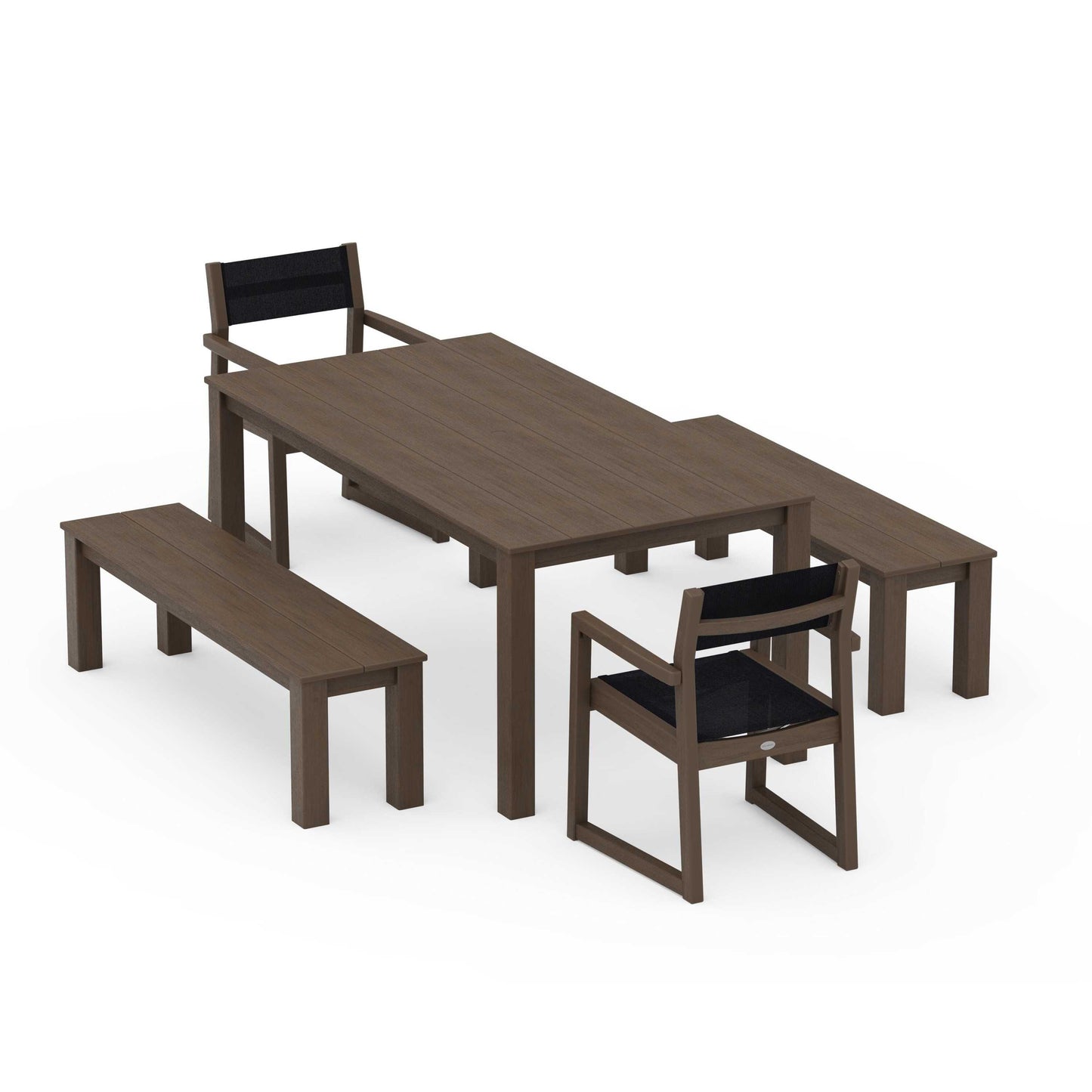 POLYWOOD EDGE Sling Arm Chair 5-Piece Parsons Dining Set with Benches — Kona / Black Sling