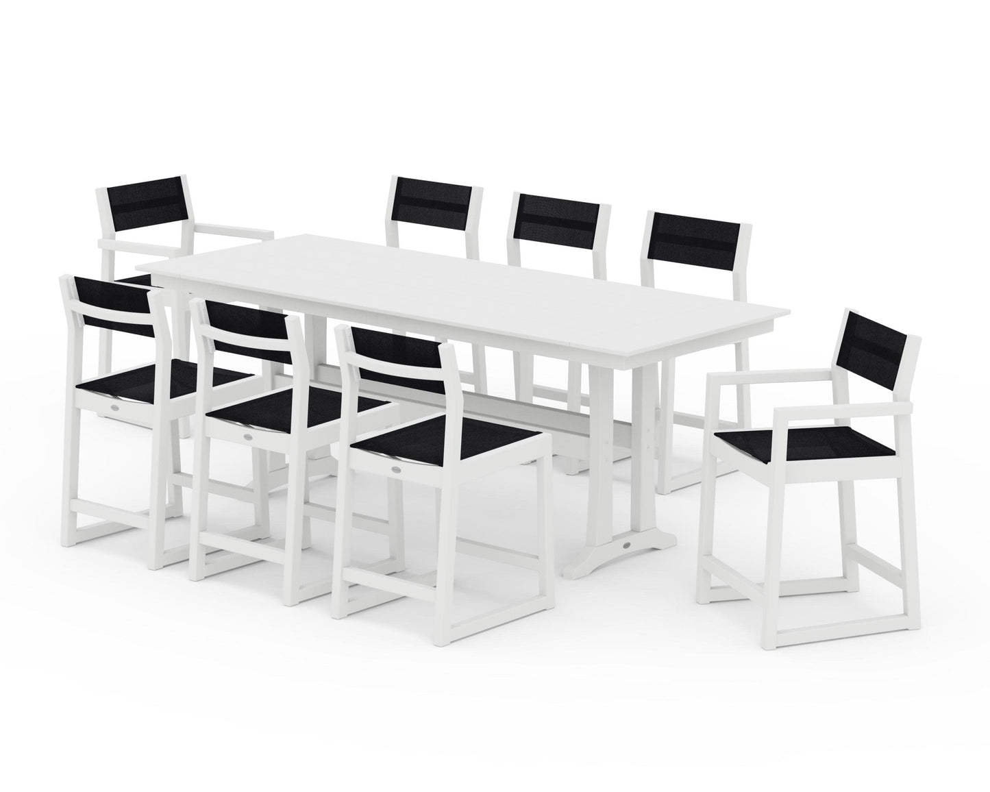 POLYWOOD EDGE Sling 9-Piece Farmhouse Counter Set with Trestle Legs — White / Black Sling