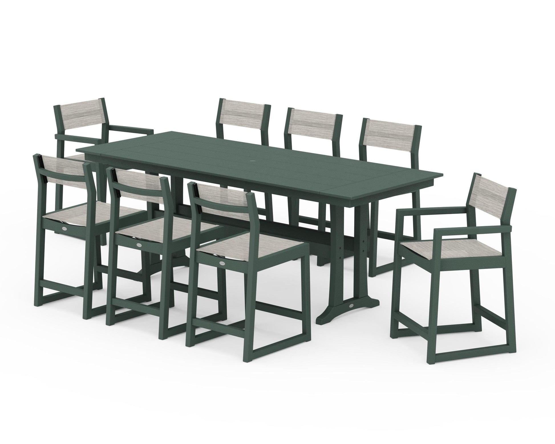 POLYWOOD EDGE Sling 9-Piece Farmhouse Counter Set with Trestle Legs — Green / Birch Sling