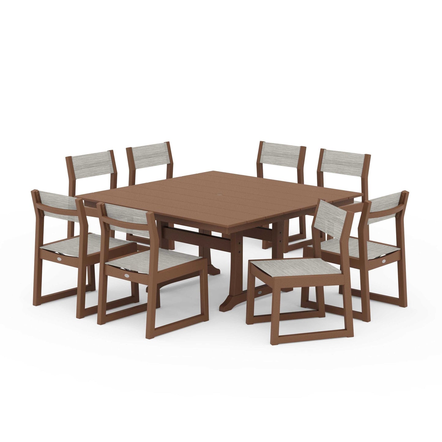 POLYWOOD EDGE Sling Side Chair 9-Piece Farmhouse Trestle Dining Set — Teak / Birch Sling