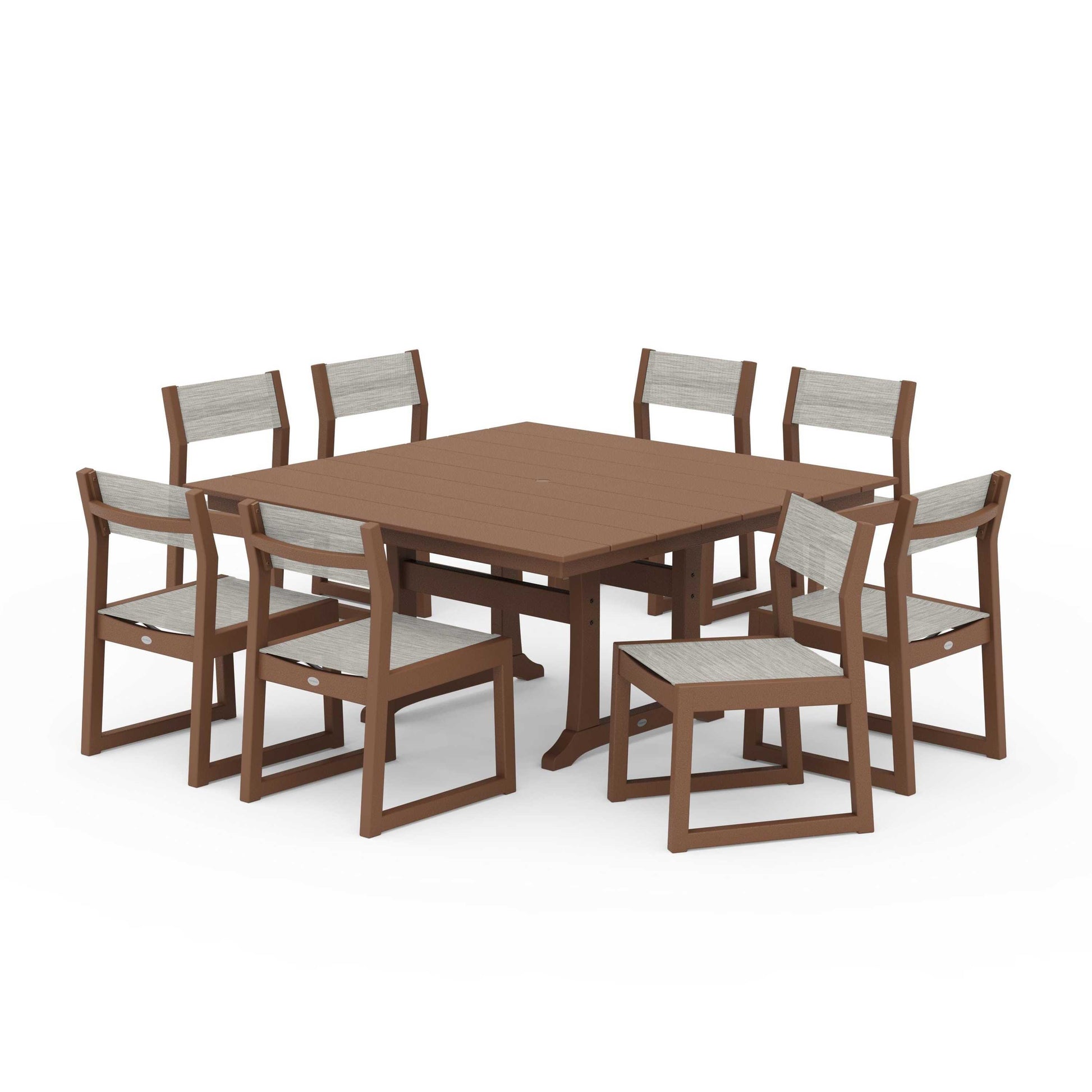 POLYWOOD EDGE Sling Side Chair 9-Piece Farmhouse Trestle Dining Set — Teak / Birch Sling
