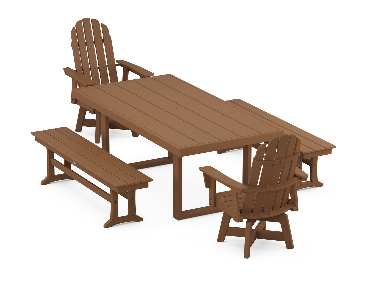 POLYWOOD Vineyard Curveback Adirondack Swivel Chair 5-Piece Dining Set with Benches — Teak
