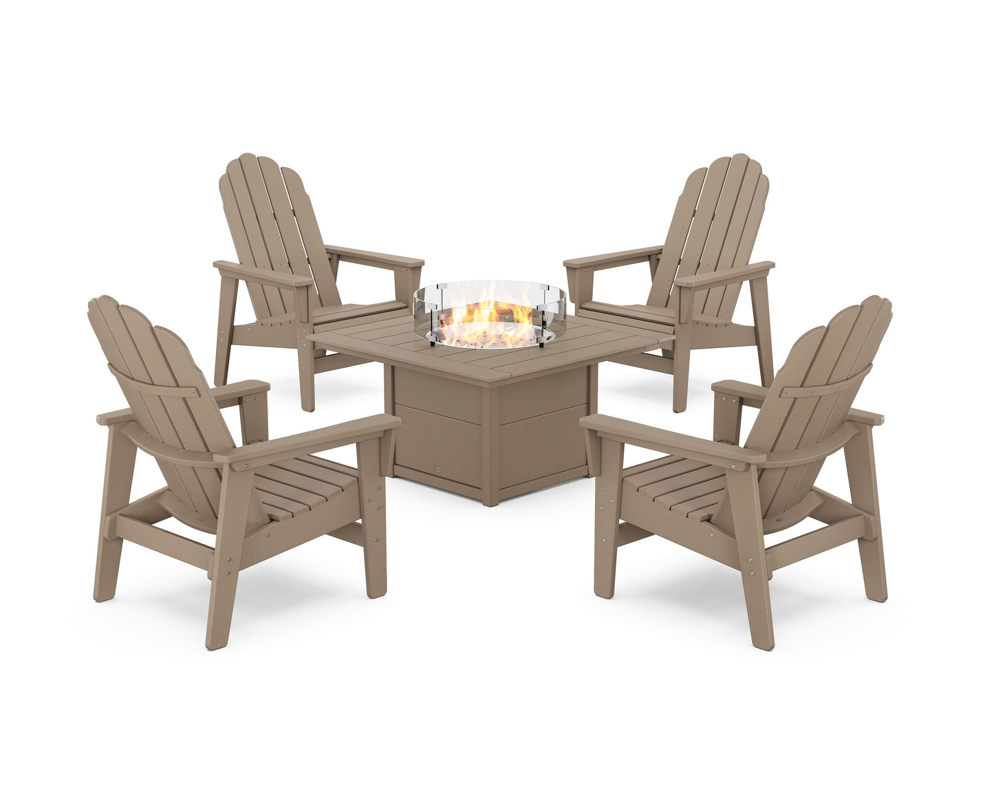 POLYWOOD 5-Piece Vineyard Grand Upright Adirondack Conversation Set with Fire Pit Table — Vintage Sahara
