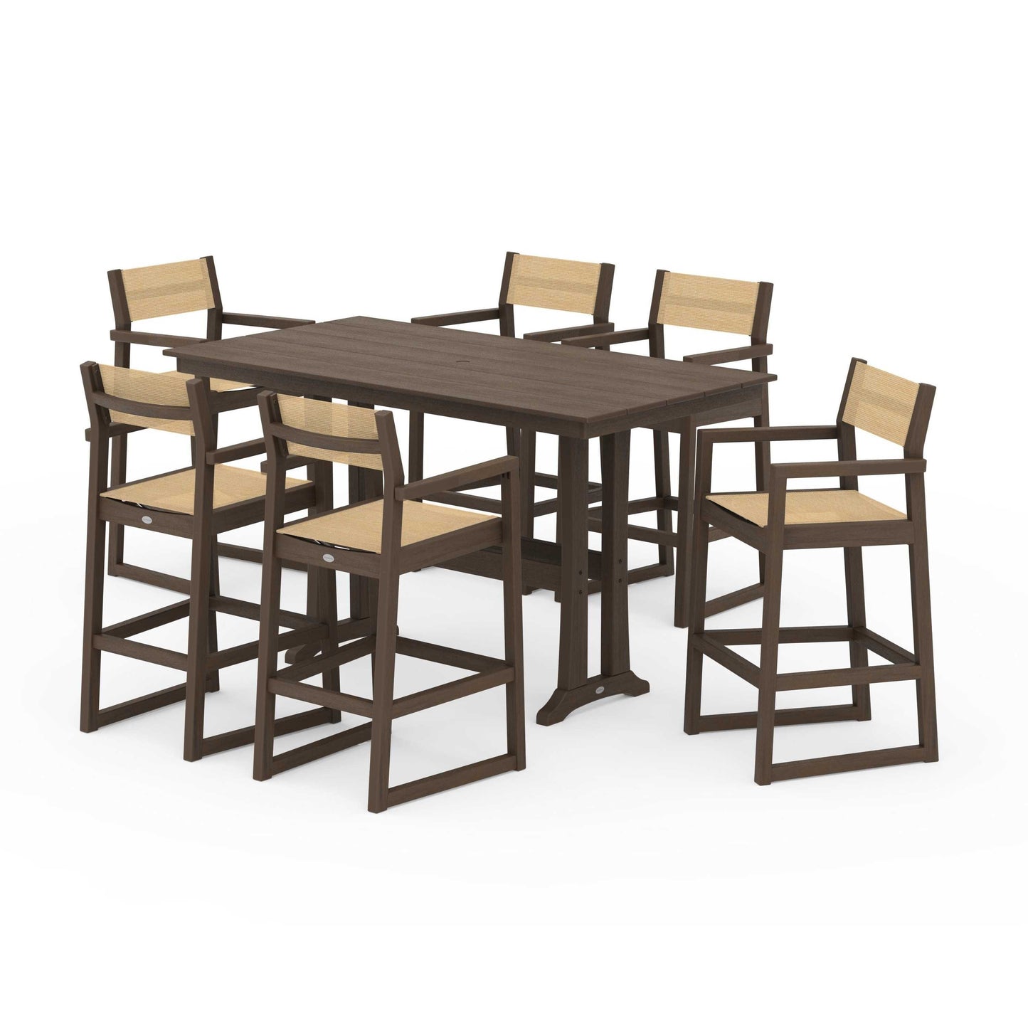 POLYWOOD EDGE Sling Arm Chair 7-Piece Farmhouse Bar Set with Trestle Legs — Kona / Dupioni Apricot Sling