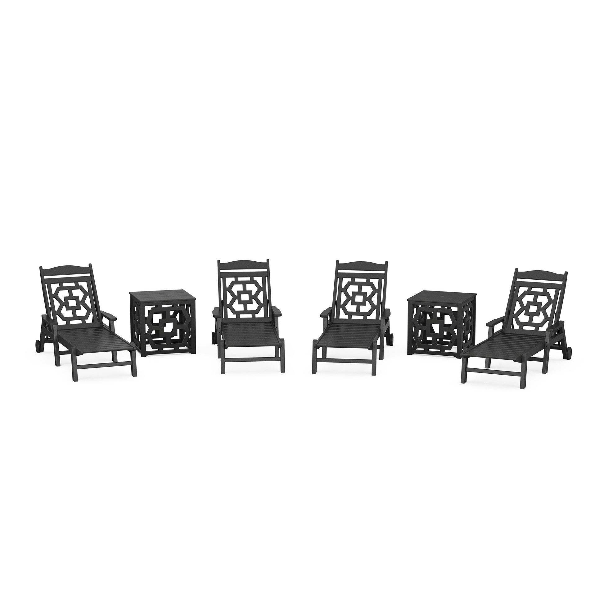 POLYWOOD Chinoiserie 6-Piece Chaise Set with Umbrella Stand Accent Table — Black