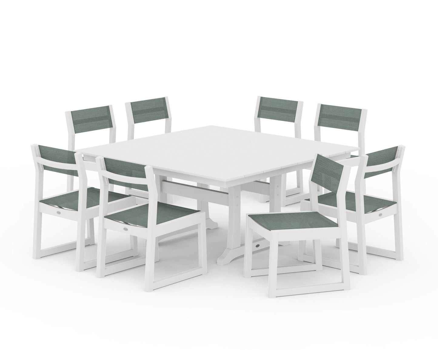 POLYWOOD EDGE Sling Side Chair 9-Piece Farmhouse Trestle Dining Set — White / Dupioni Sea Mist Sling