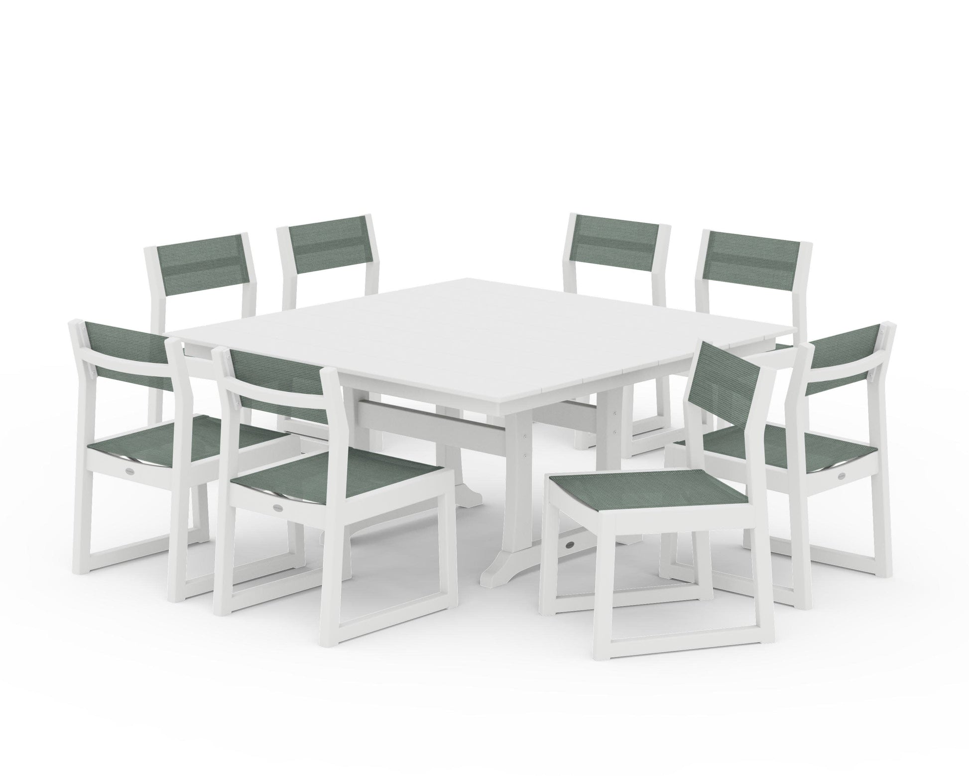 POLYWOOD EDGE Sling Side Chair 9-Piece Farmhouse Trestle Dining Set — White / Dupioni Sea Mist Sling