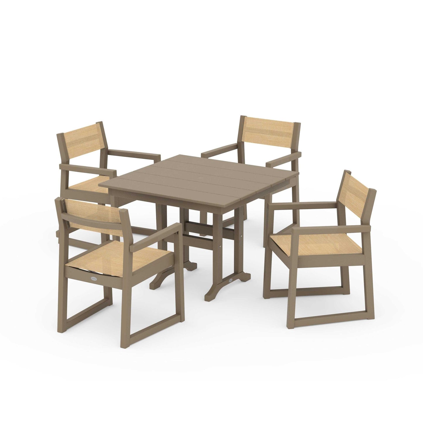 POLYWOOD EDGE Sling Arm Chair 5-Piece Farmhouse Dining Set — Vintage Sahara / Dupioni Apricot Sling