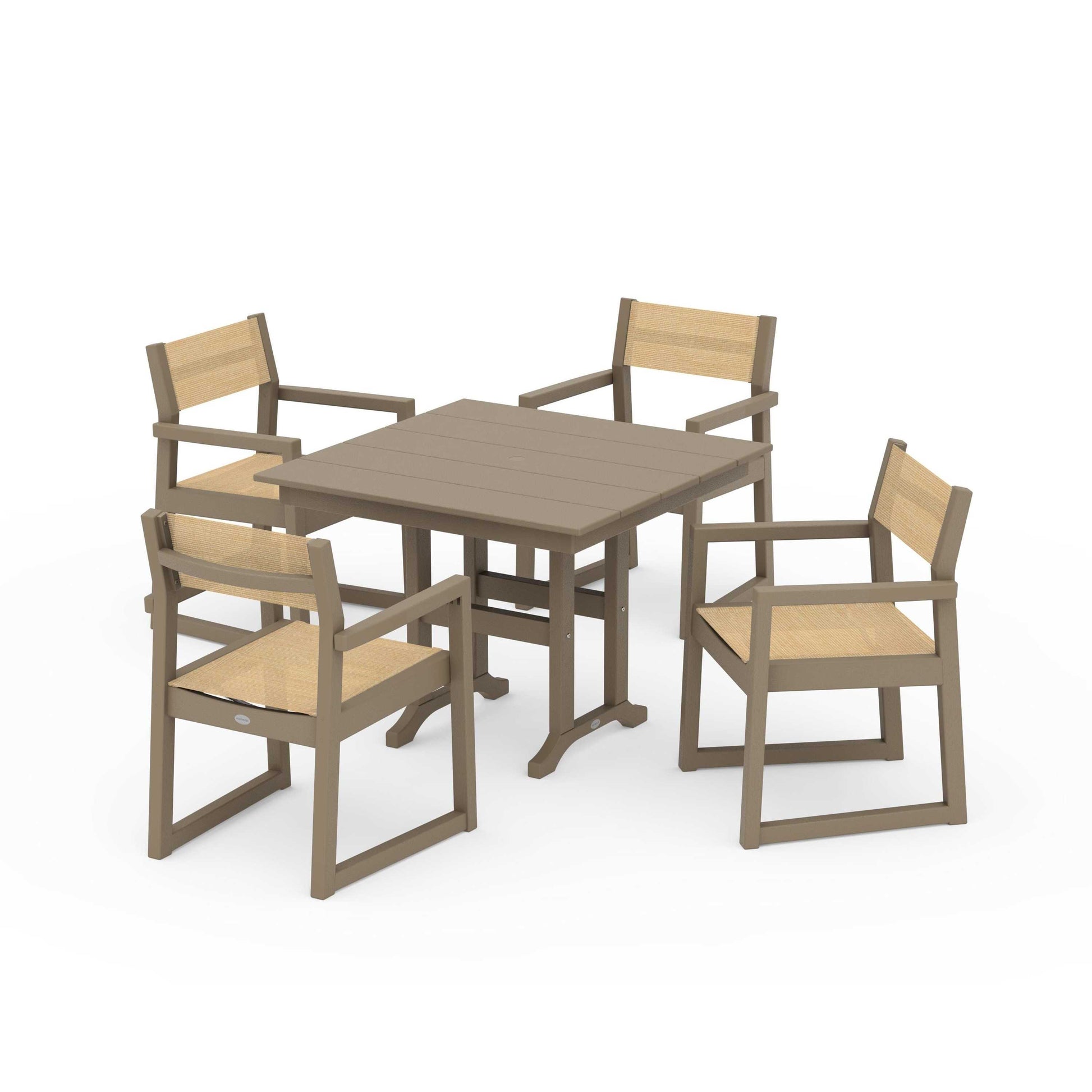 POLYWOOD EDGE Sling Arm Chair 5-Piece Farmhouse Dining Set — Vintage Sahara / Dupioni Apricot Sling