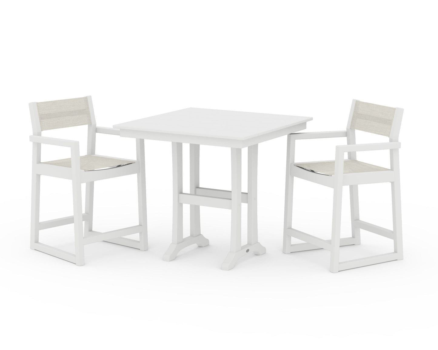 POLYWOOD EDGE Sling Arm Chair 3-Piece Farmhouse Counter Set with Trestle Legs — White / Parchment Sling