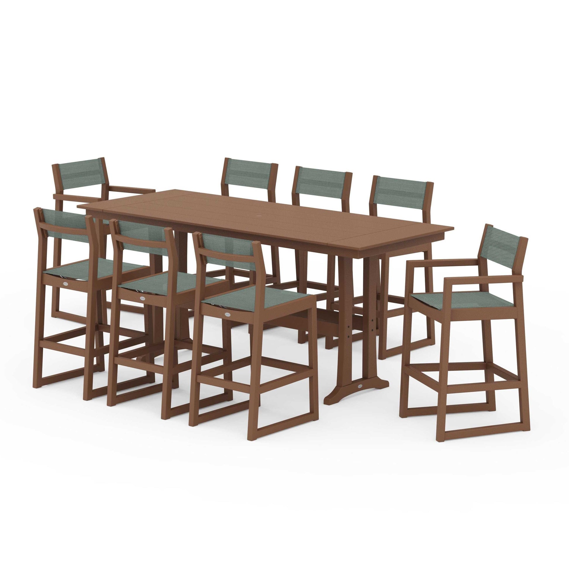 POLYWOOD EDGE Sling 9-Piece Farmhouse Bar Set with Trestle Legs — Teak / Dupioni Sea Mist Sling