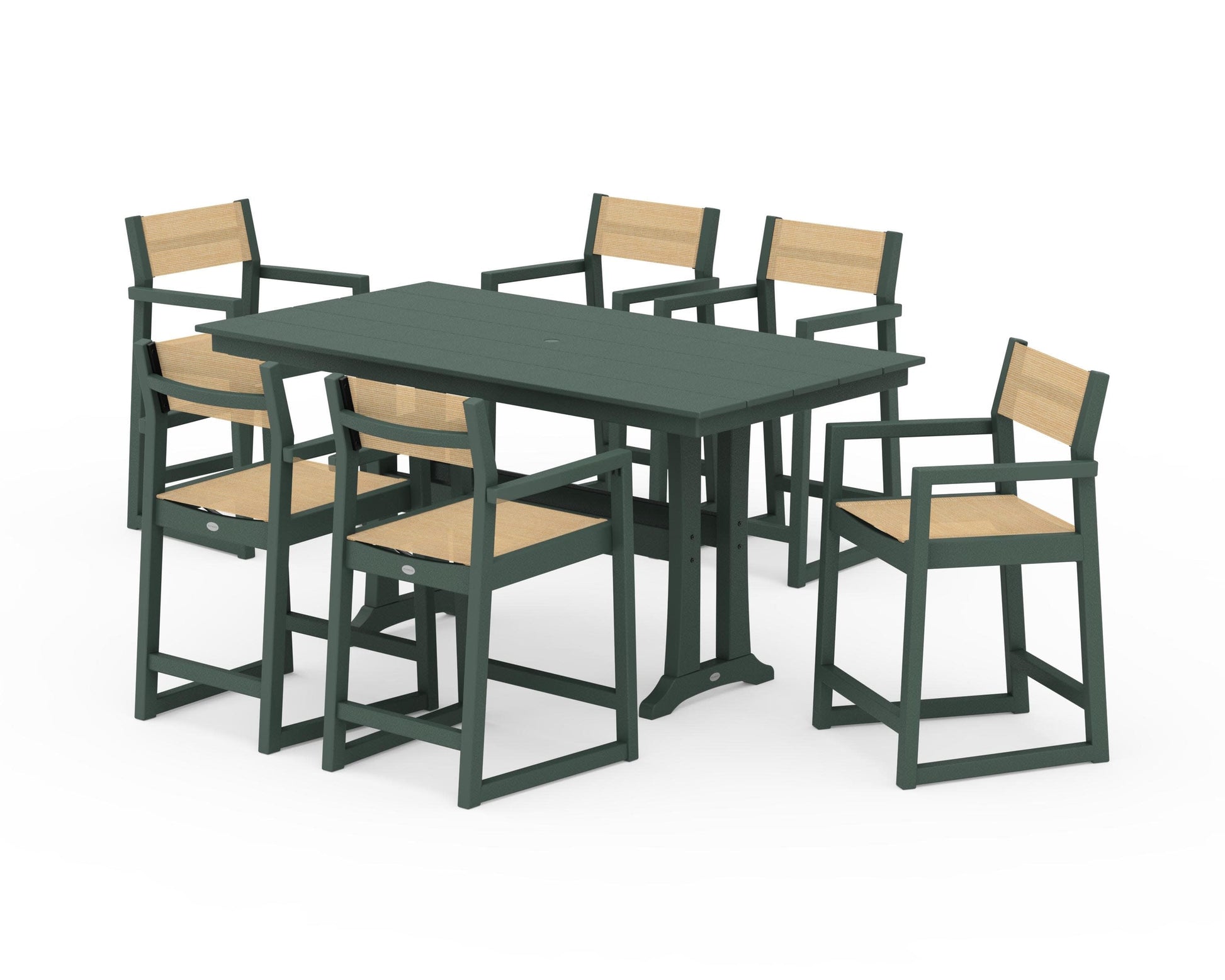 POLYWOOD EDGE Sling Arm Chair 7-Piece Farmhouse Counter Set with Trestle Legs — Green / Dupioni Apricot Sling