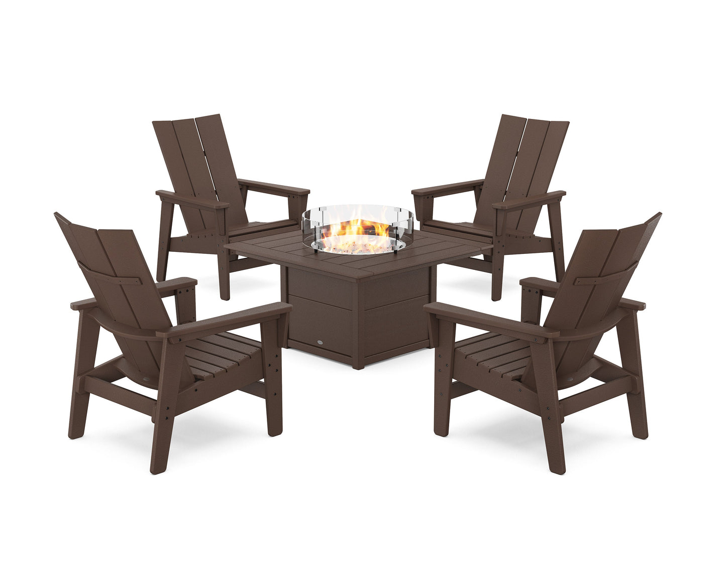 POLYWOOD 5-Piece Modern Grand Upright Adirondack Conversation Set with Fire Pit Table — Mahogany
