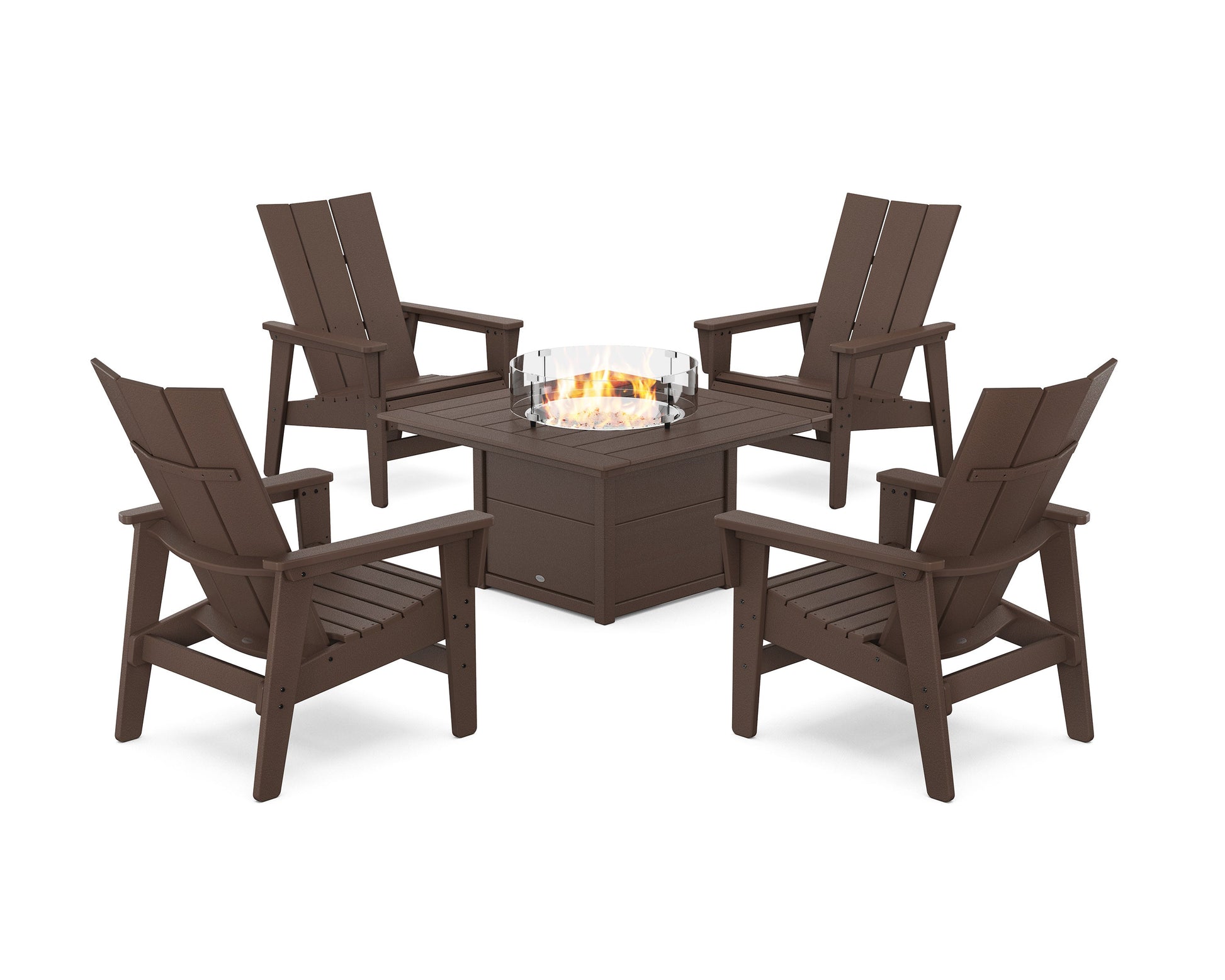 POLYWOOD 5-Piece Modern Grand Upright Adirondack Conversation Set with Fire Pit Table — Mahogany