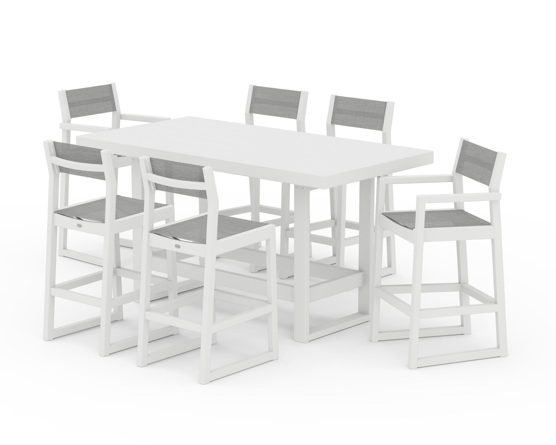 POLYWOOD EDGE Sling 7-Piece Bar Table Set — White / Metallic Sling