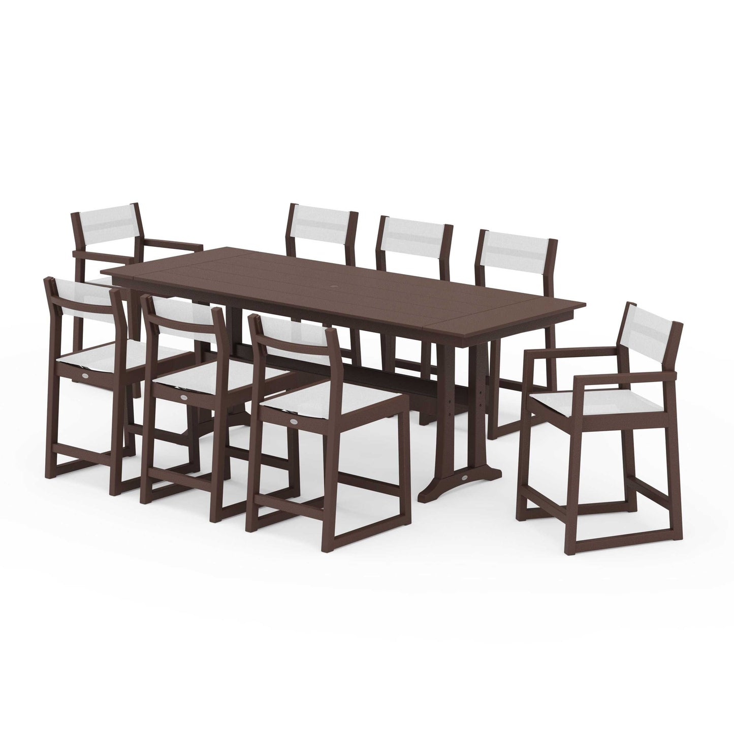 POLYWOOD EDGE Sling 9-Piece Farmhouse Counter Set with Trestle Legs — Mahogany / White Sling