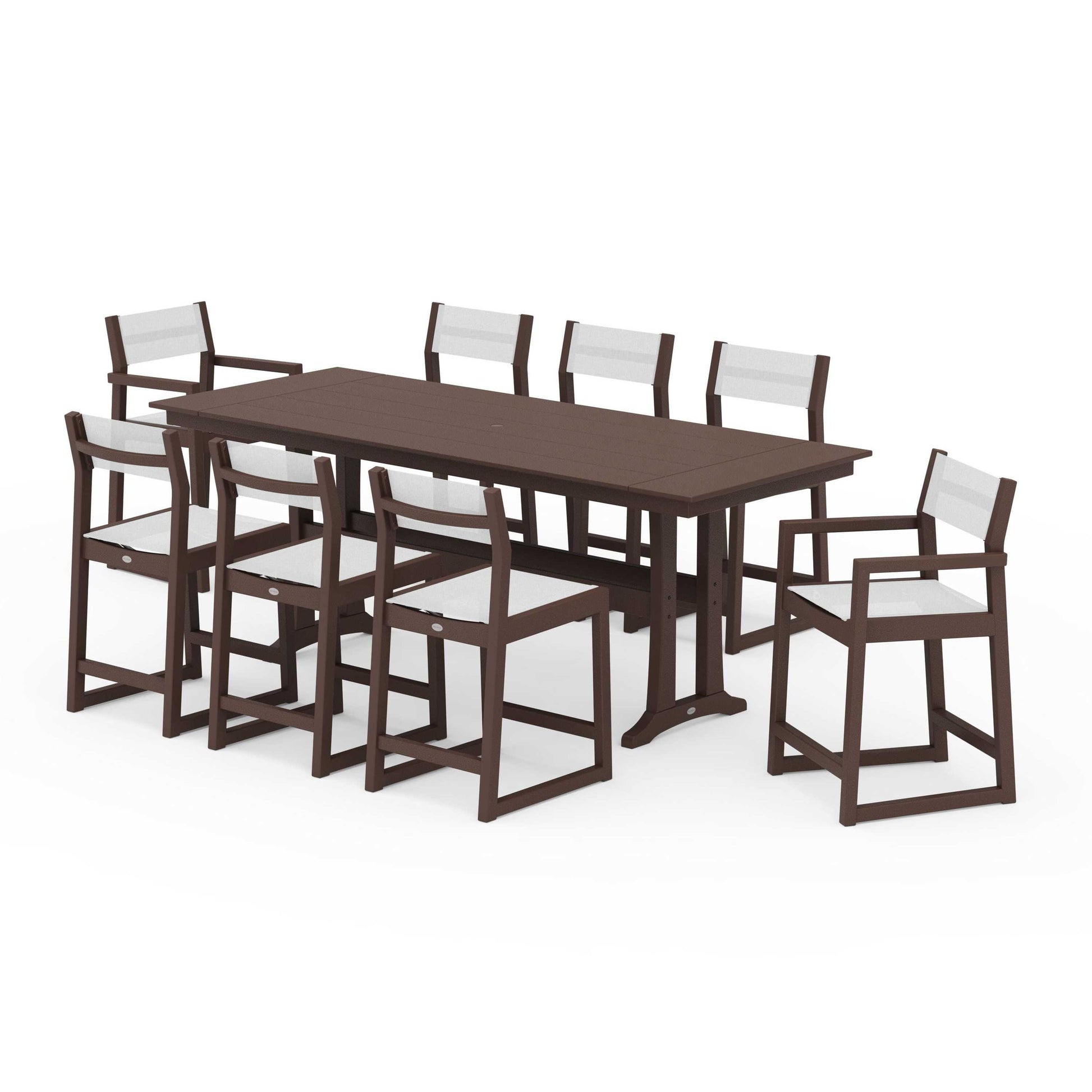 POLYWOOD EDGE Sling 9-Piece Farmhouse Counter Set with Trestle Legs — Mahogany / White Sling