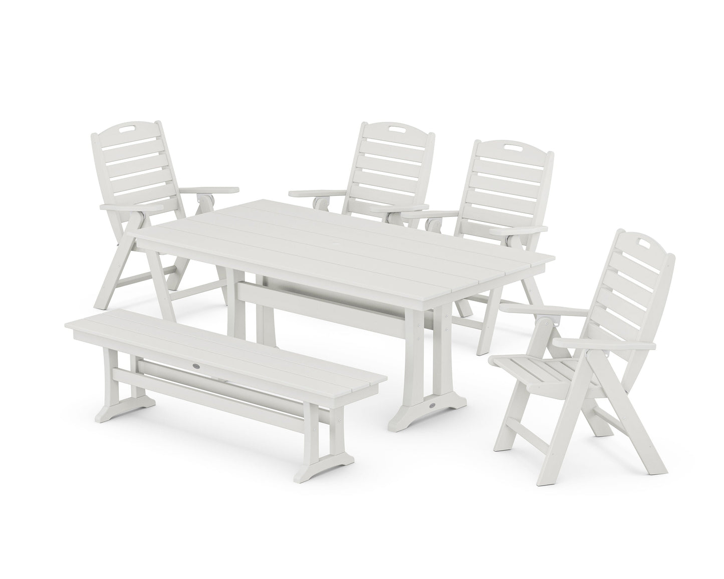 POLYWOOD Nautical Highback 6-Piece Farmhouse Dining Set with Trestle Legs and Bench — Vintage White