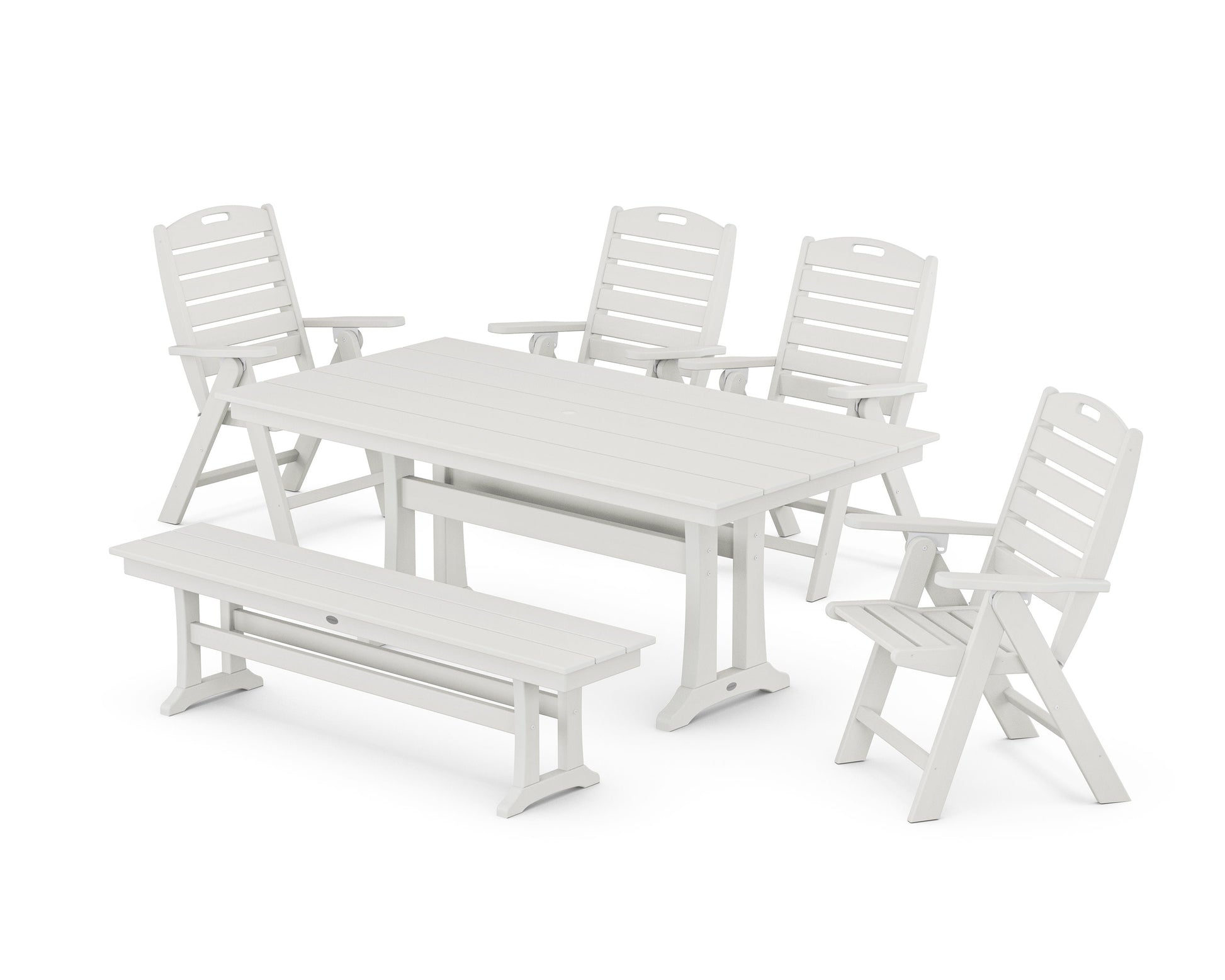 POLYWOOD Nautical Highback 6-Piece Farmhouse Dining Set with Trestle Legs and Bench — Vintage White