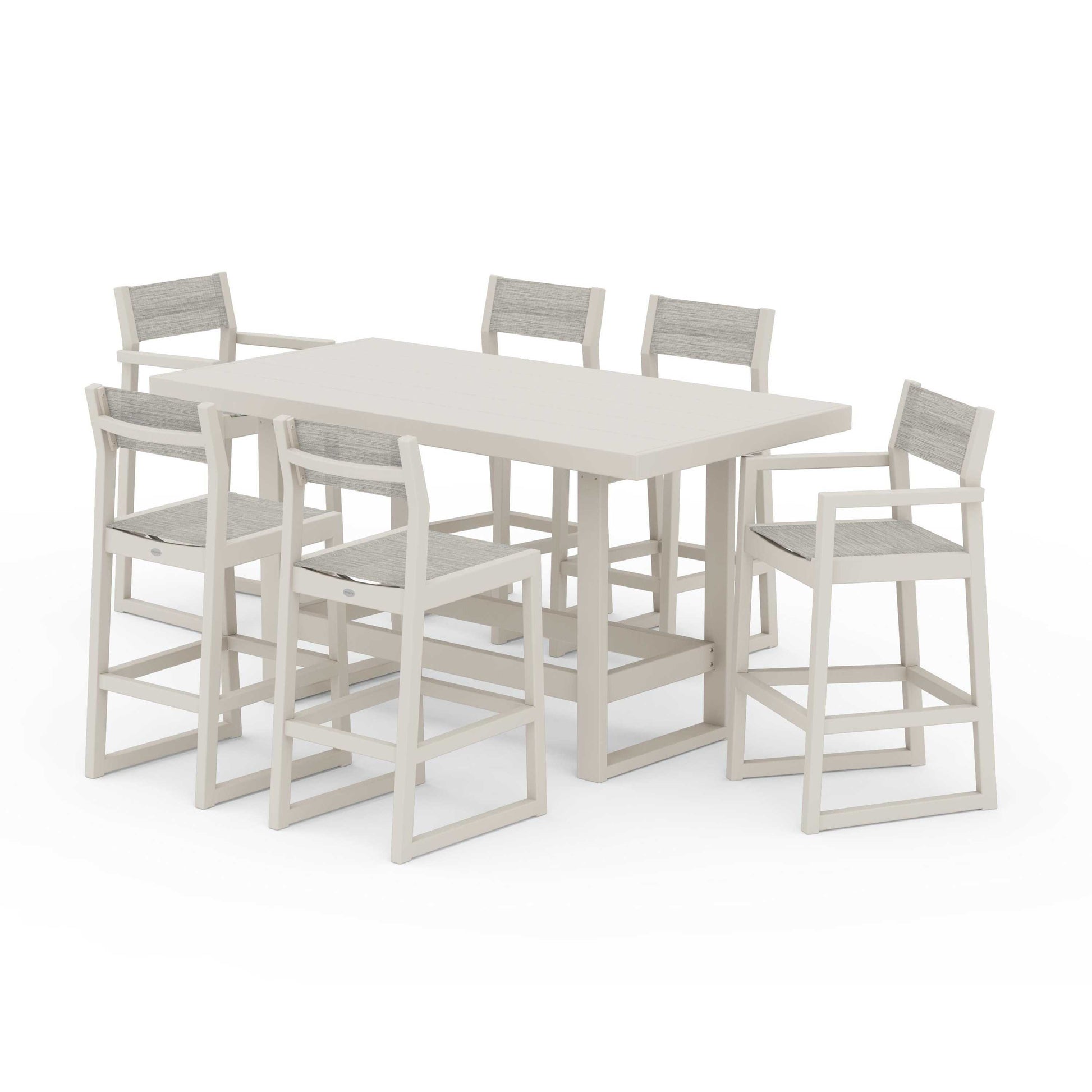 POLYWOOD EDGE Sling 7-Piece Bar Table Set — Sand / Birch Sling