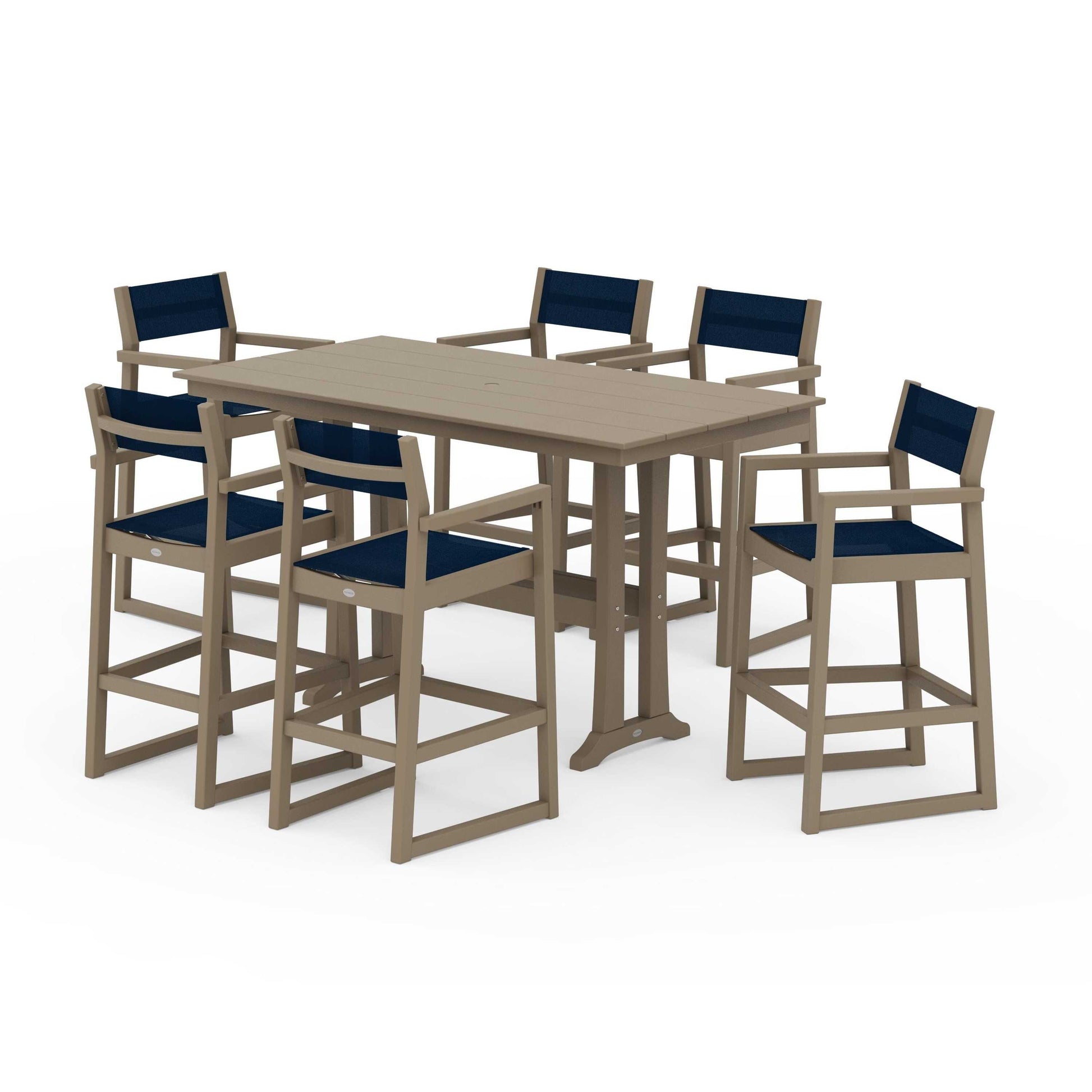 POLYWOOD EDGE Sling Arm Chair 7-Piece Farmhouse Bar Set with Trestle Legs — Vintage Sahara / Navy Blue Sling