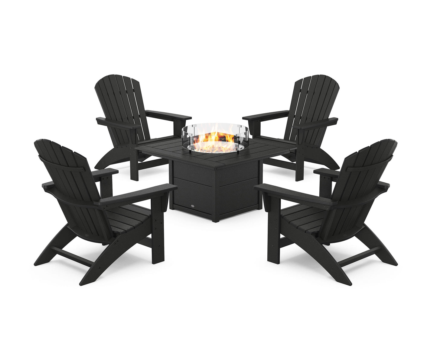 POLYWOOD 5-Piece Nautical Grand Adirondack Conversation Set with Fire Pit Table — Black