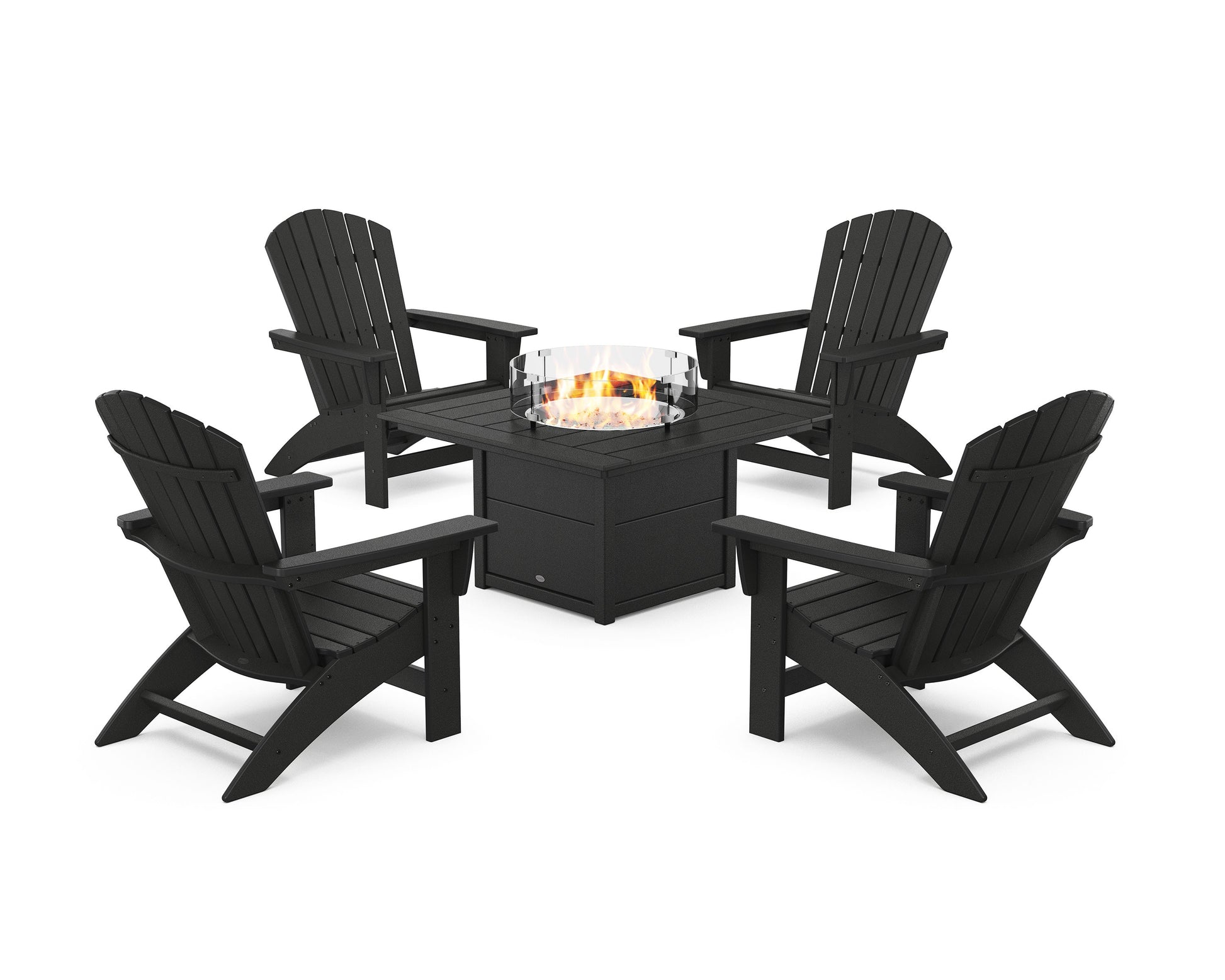 POLYWOOD 5-Piece Nautical Grand Adirondack Conversation Set with Fire Pit Table — Black