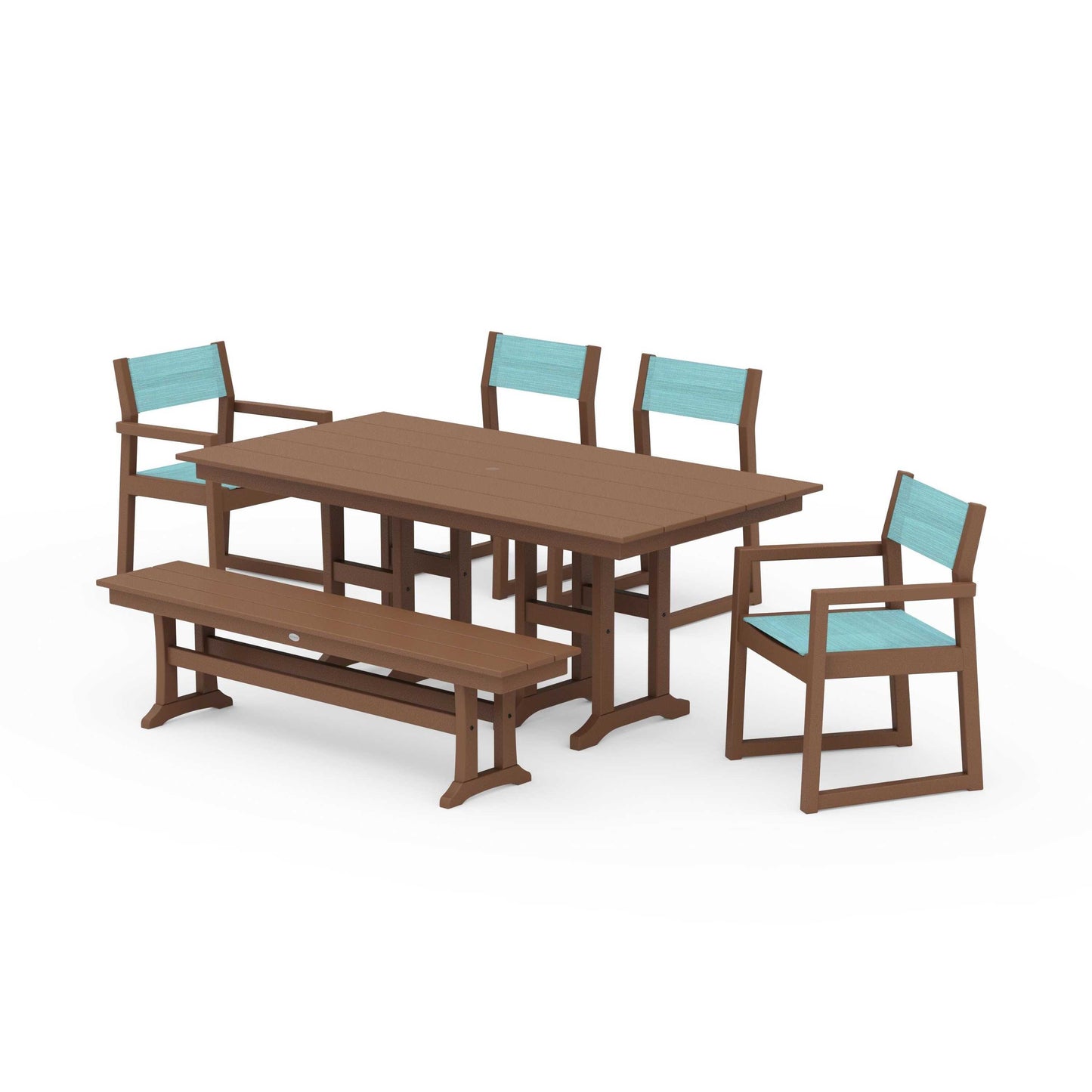POLYWOOD EDGE Sling 6-Piece Farmhouse Dining Set — Teak / Dupioni Aquamarine Sling