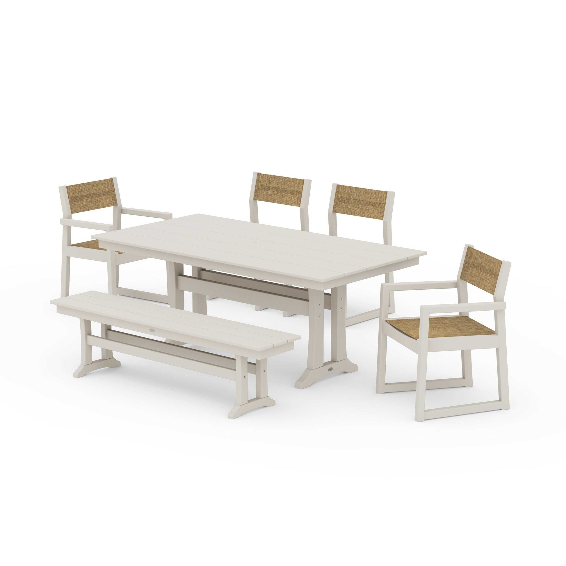POLYWOOD EDGE Sling 6-Piece Farmhouse Dining Set With Trestle Legs — Sand / Burlap Sling