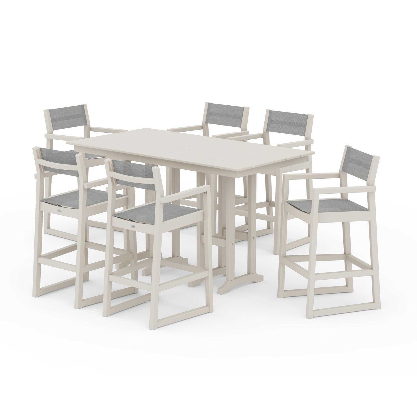 POLYWOOD EDGE Sling Arm Chair 7-Piece Farmhouse Bar Set — Sand / Metallic Sling