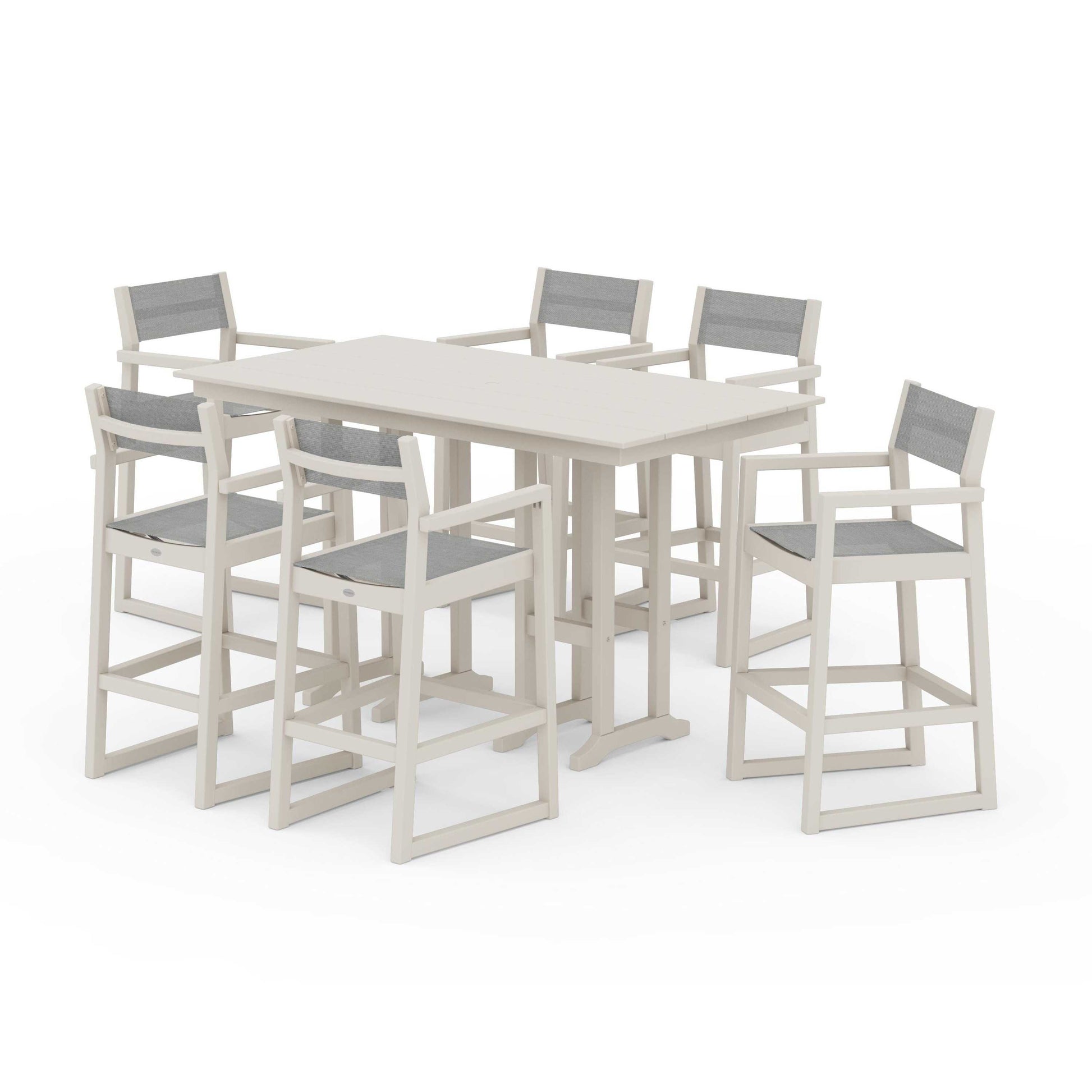 POLYWOOD EDGE Sling Arm Chair 7-Piece Farmhouse Bar Set — Sand / Metallic Sling