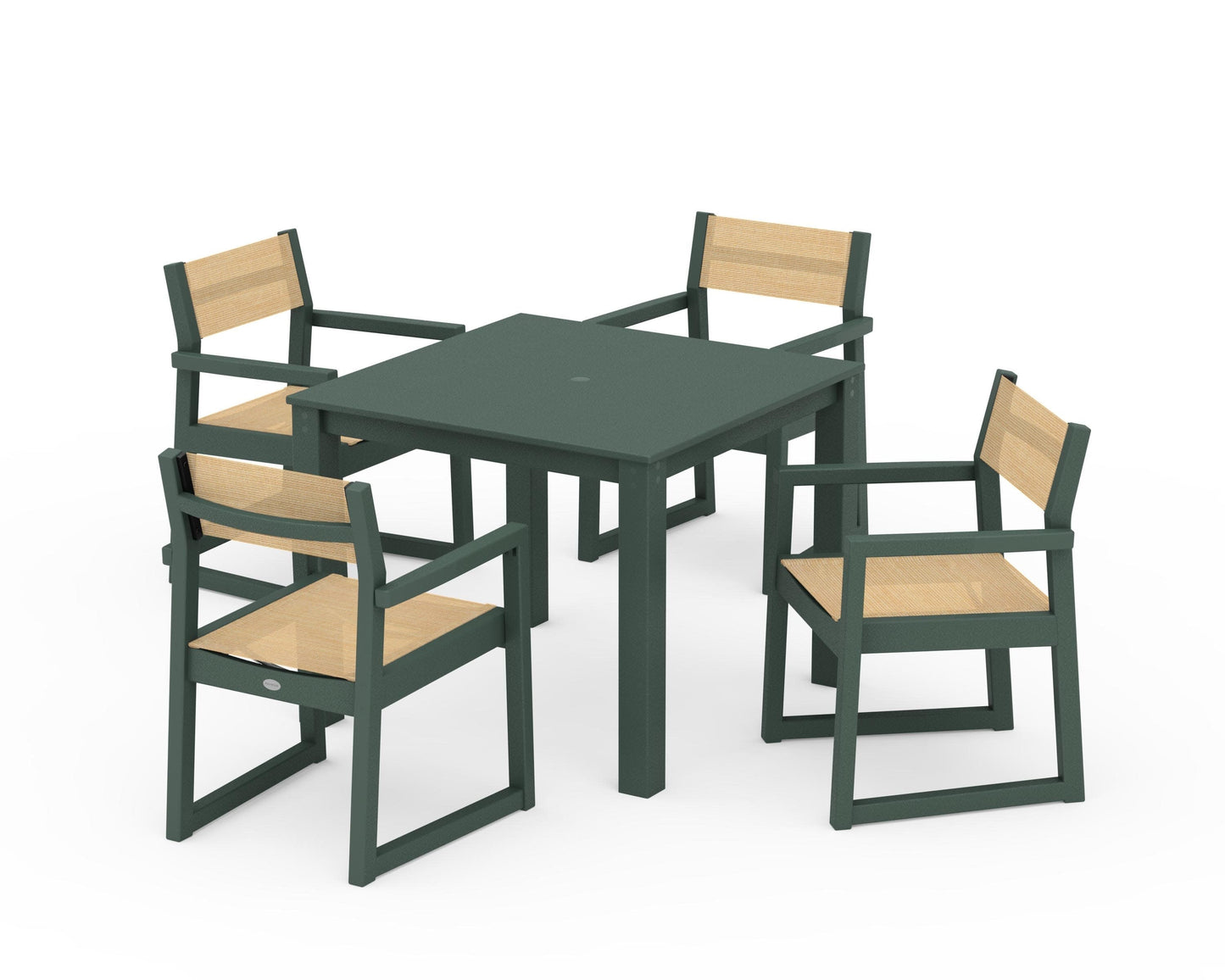POLYWOOD EDGE Sling Arm Chair 5-Piece Parsons Dining Set — Green / Dupioni Apricot Sling
