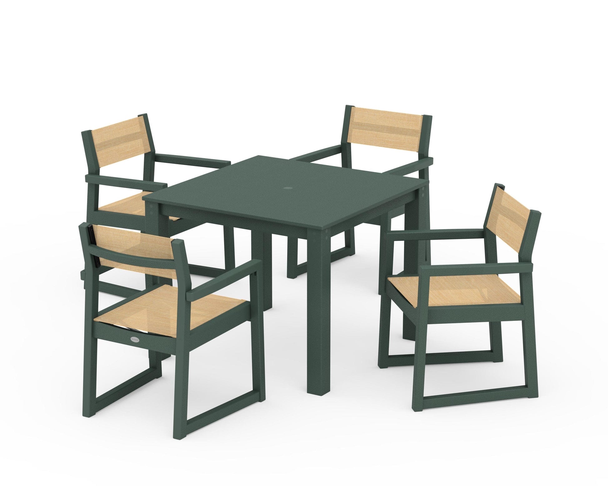 POLYWOOD EDGE Sling Arm Chair 5-Piece Parsons Dining Set — Green / Dupioni Apricot Sling